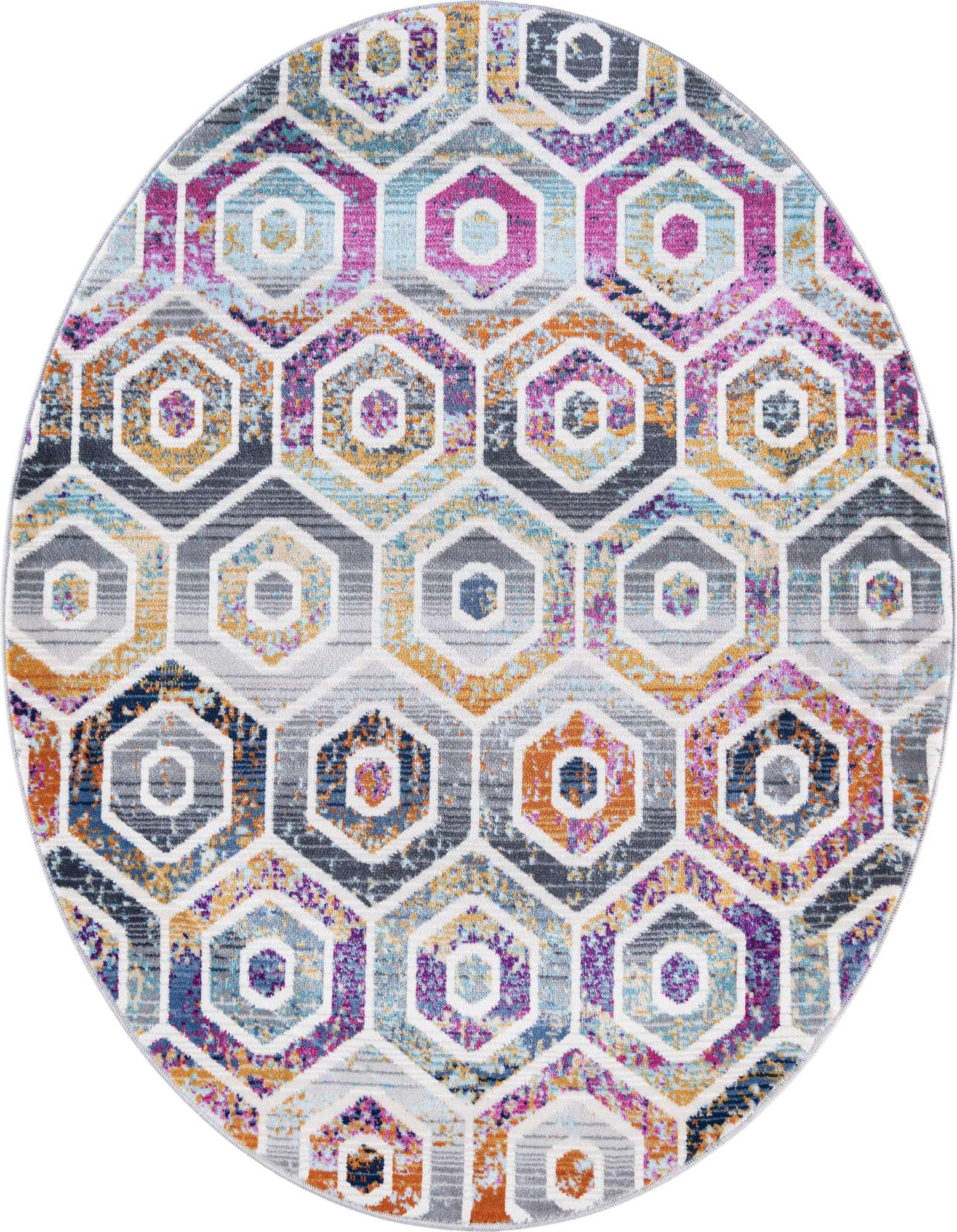 A vibrant multi-colored round rug featuring a modern geometric trellis pattern with various sized hexagons in shades of orange, purple, blue, and gray.