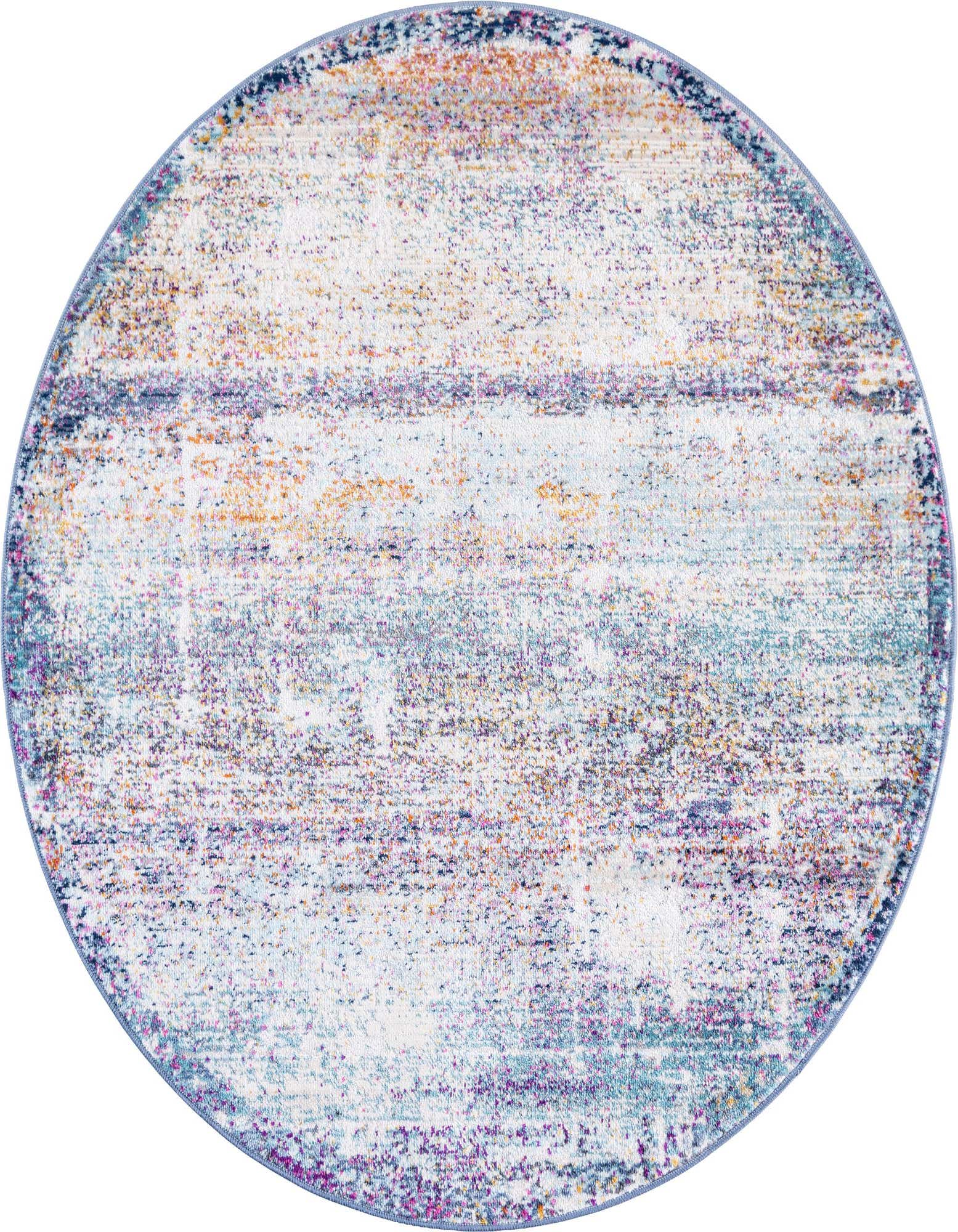 A 3' 7 round multi-colored abstract rug with an urban, transitional style, featuring hues of blue, purple, orange, and white.