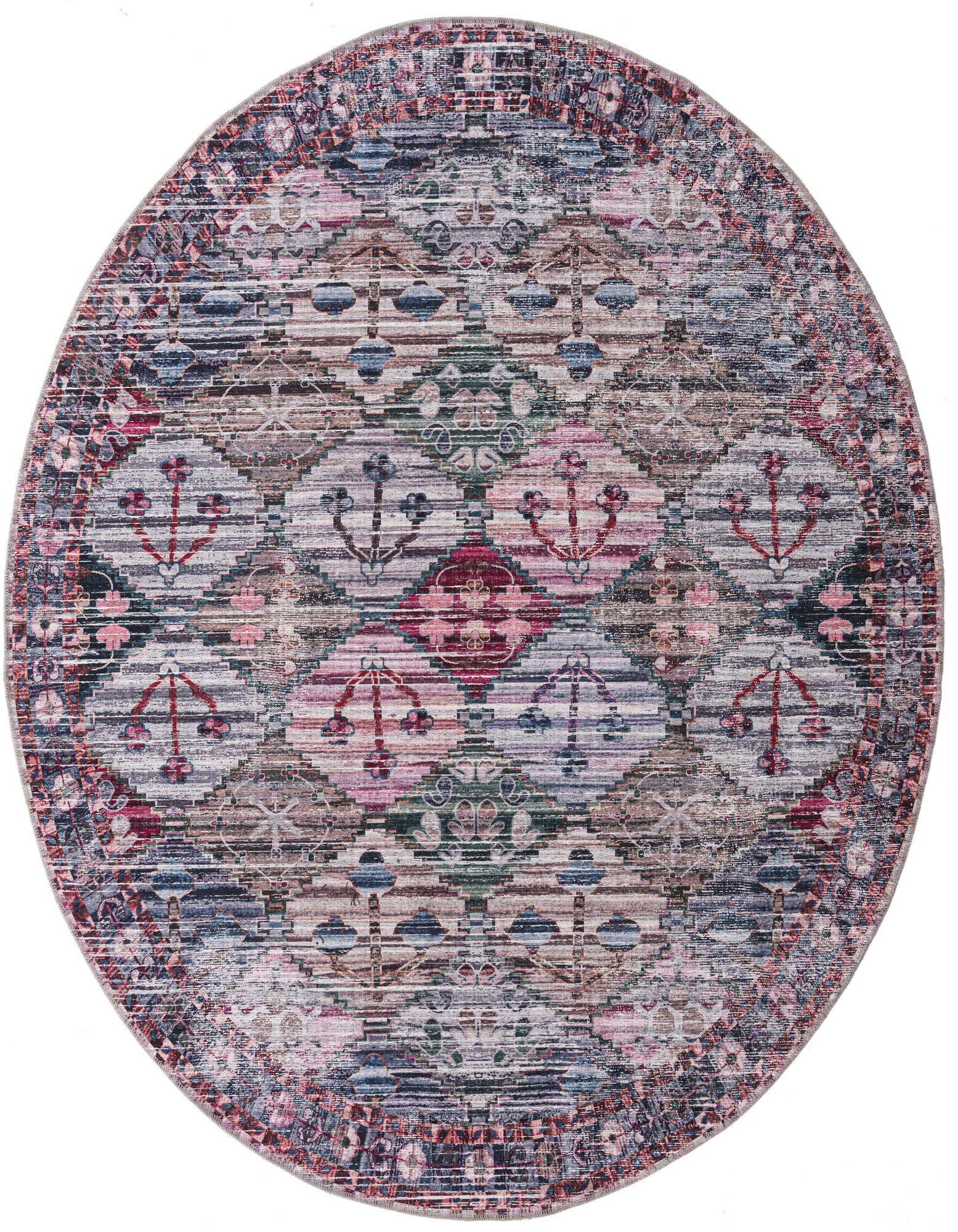 A 7' 3 round, multi-colored chenille rug with a distressed traditional and floral pattern, featuring anchors and intricate motifs.