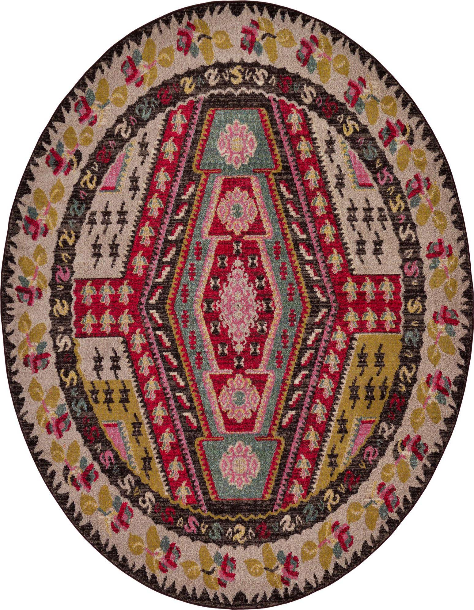 A multi-colored round rug with a central medallion in red, pink, and teal, surrounded by intricate tribal and floral patterns on a beige background.