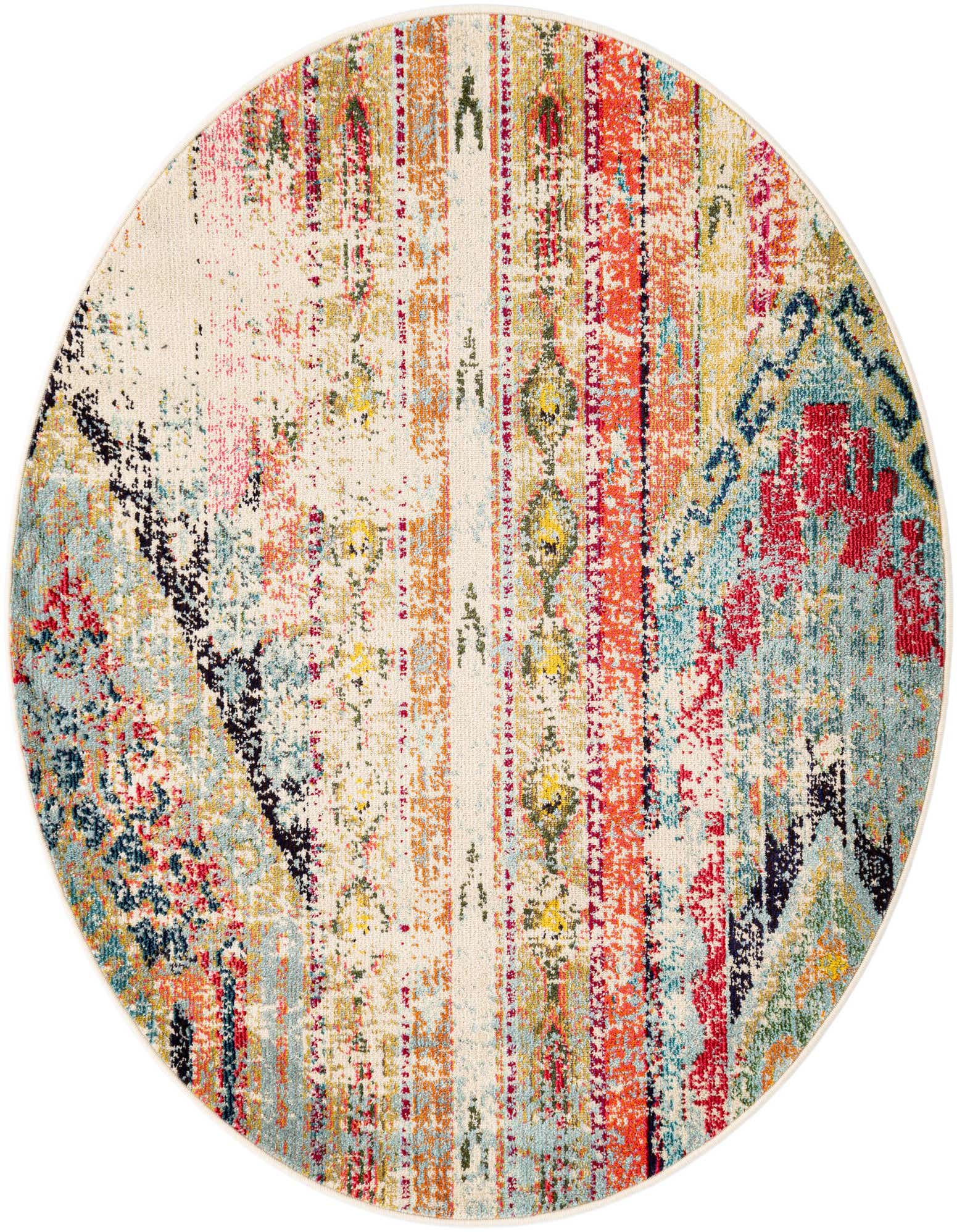 A 5' round multi-colored Southwestern rug with a distressed tribal pattern featuring shades of orange, blue, red, and yellow on a cream background.