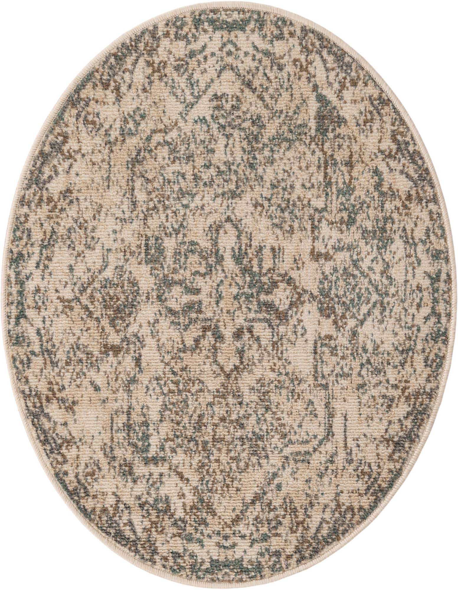 A 3' 3 round multi-colored transitional rug featuring a distressed medallion pattern in beige, brown, and teal.
