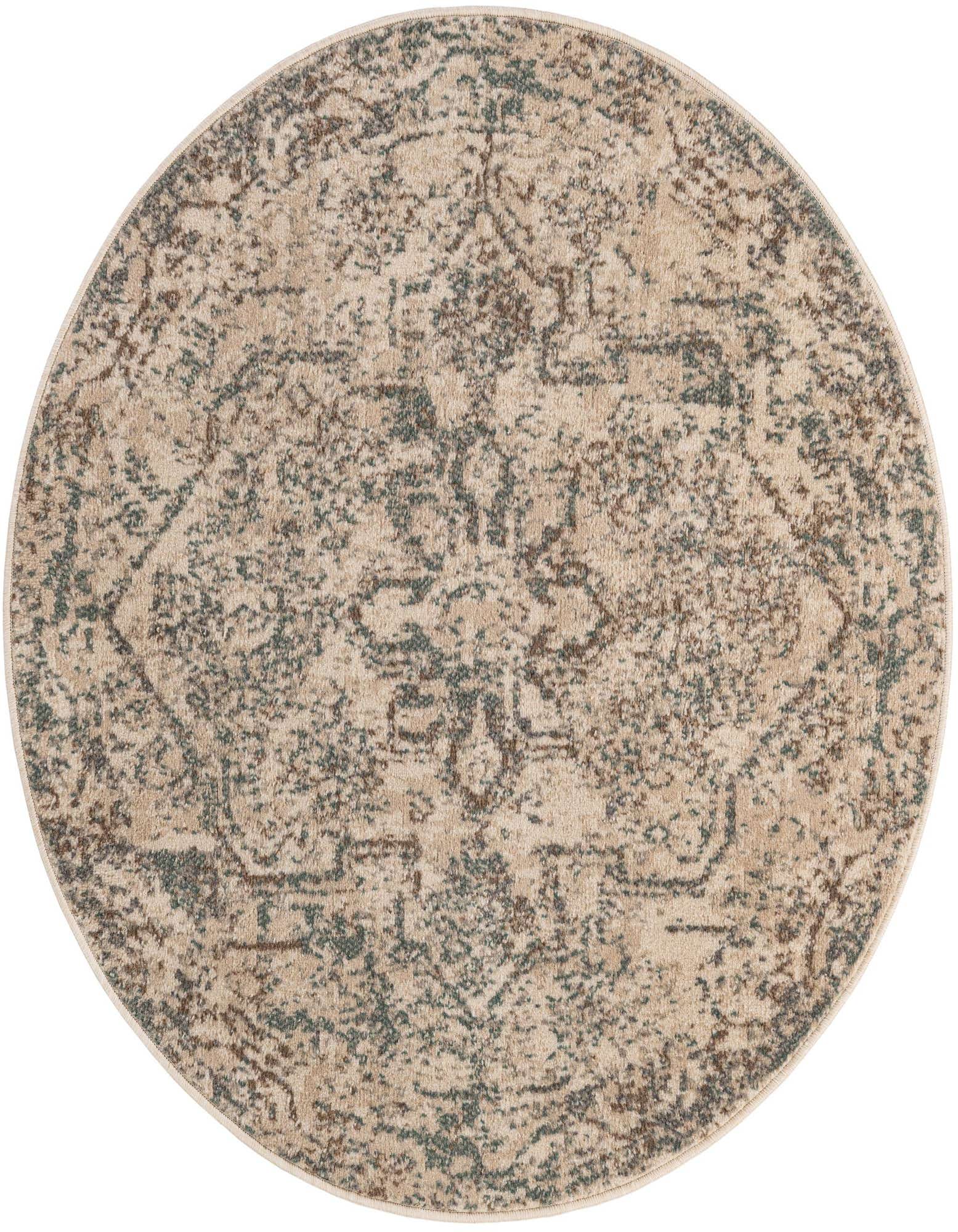 A 4' round multi-colored vintage rug with an intricate traditional pattern, featuring shades of beige, brown, and teal.