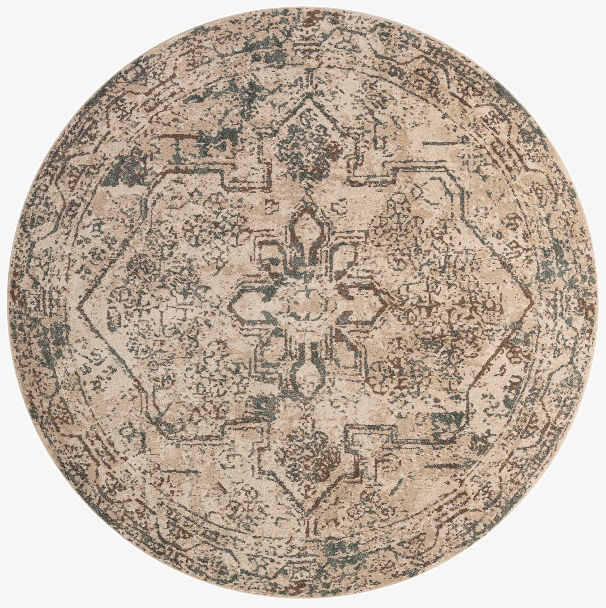 A 10' round Mojave rug with a multi-colored vintage traditional pattern in shades of beige, brown, and muted blue.