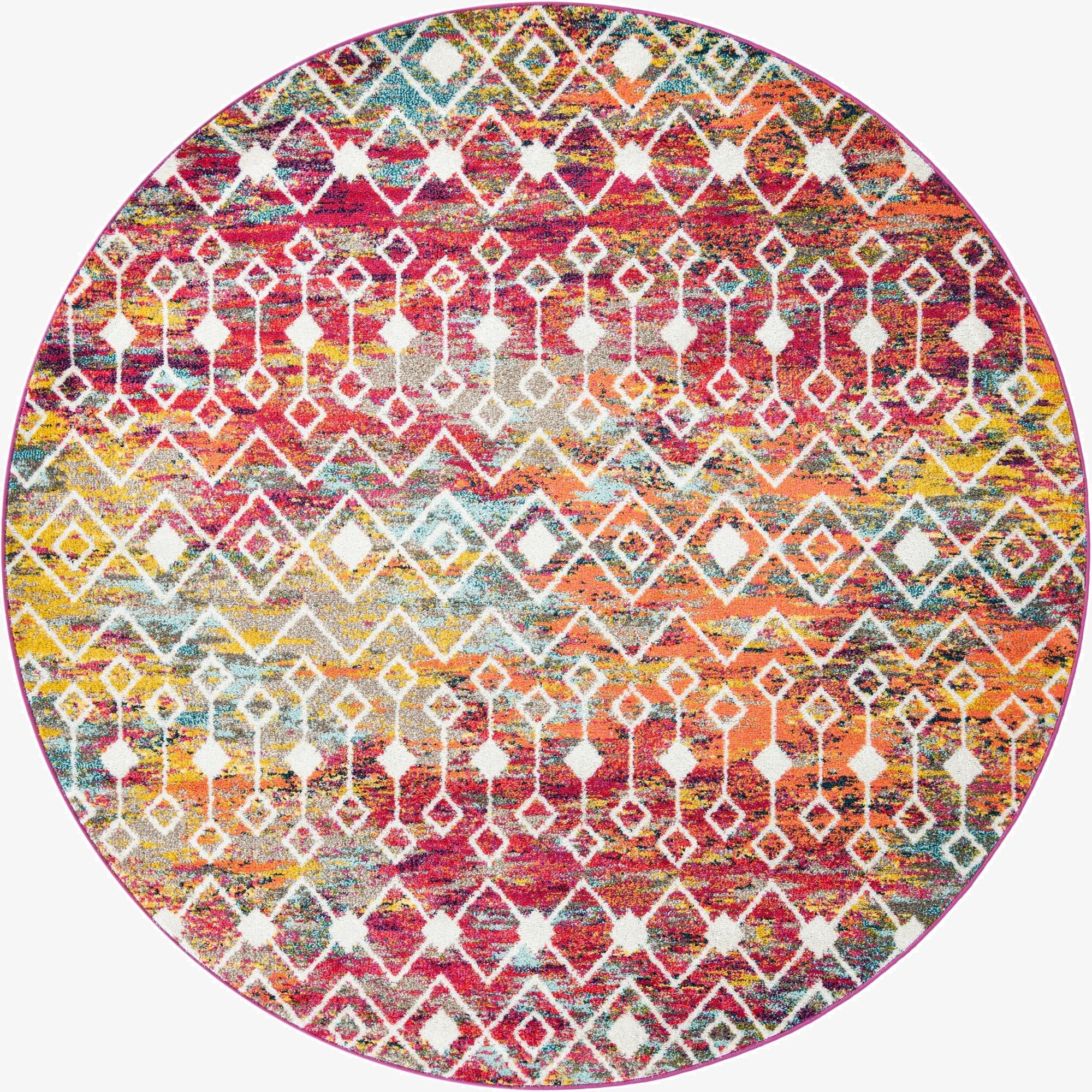 A vibrant 7' 10 round multi-colored Bohemian rug with a distressed tribal trellis pattern, perfect for adding a pop of color to any indoor space.