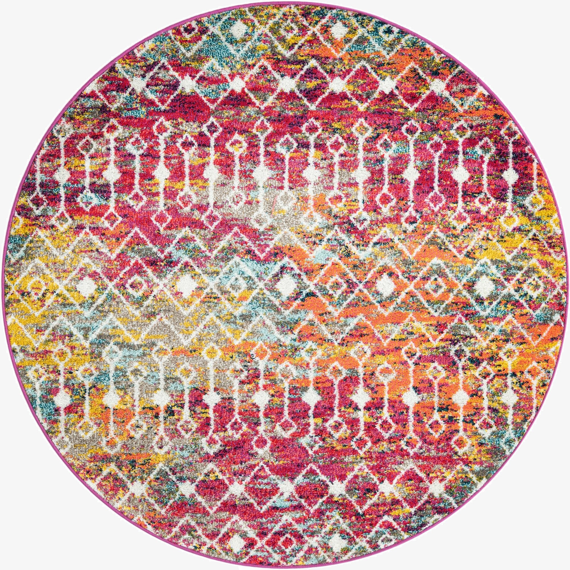A vibrant 5' 3 round multi-colored Bohemian rug with a distressed trellis pattern in pink, orange, yellow, and blue.