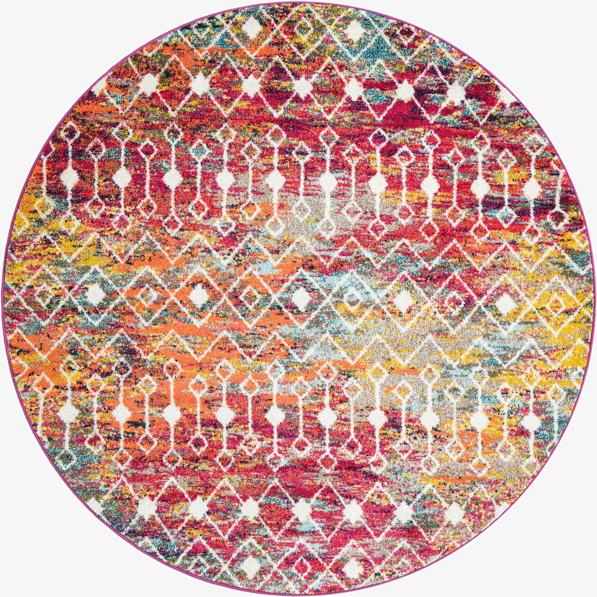 A vibrant 6' round multi-colored Bohemian rug featuring a distressed trellis pattern in various bright hues.