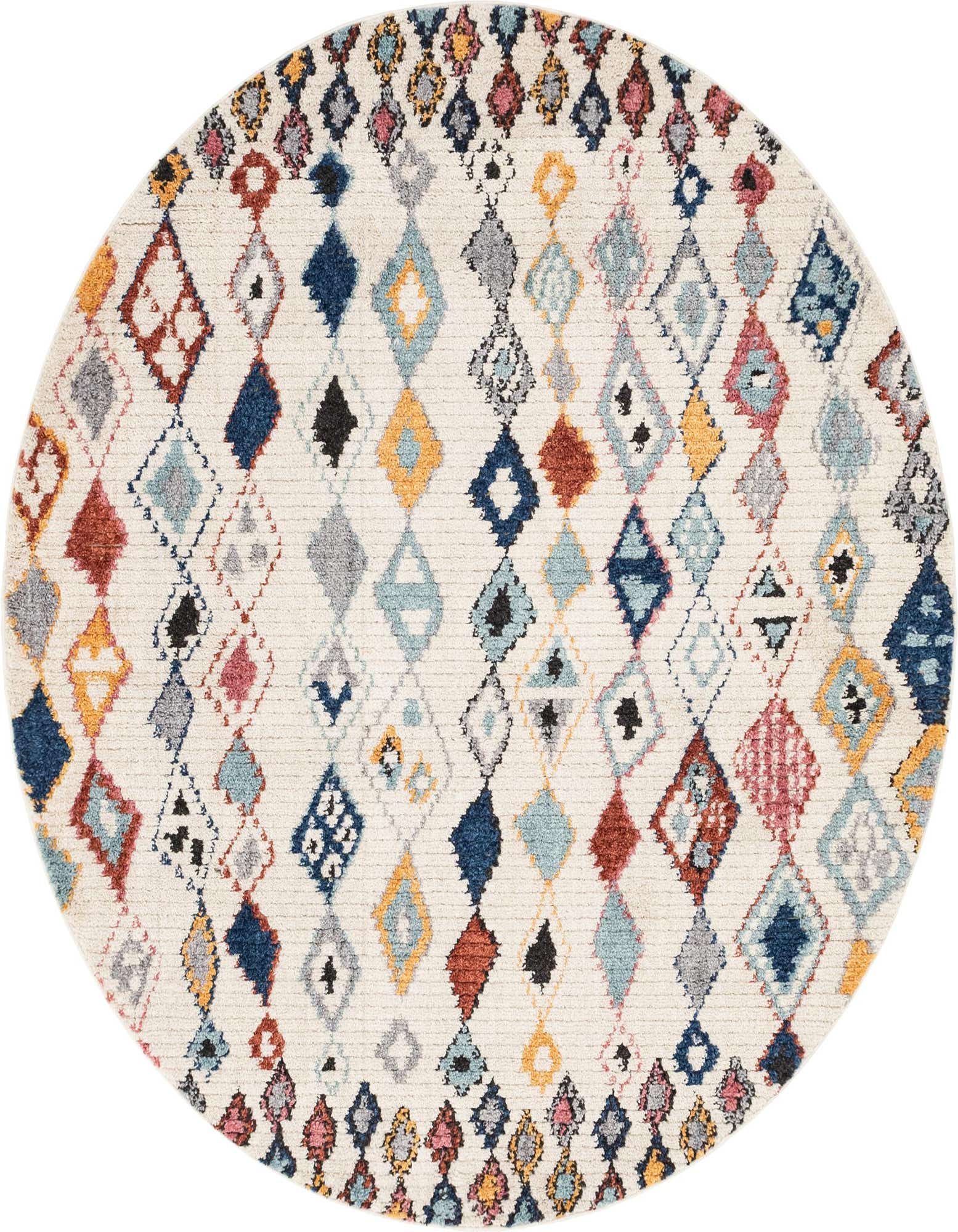 A round, multi-colored shag rug featuring a Bohemian tribal pattern of various diamond shapes on a cream background.