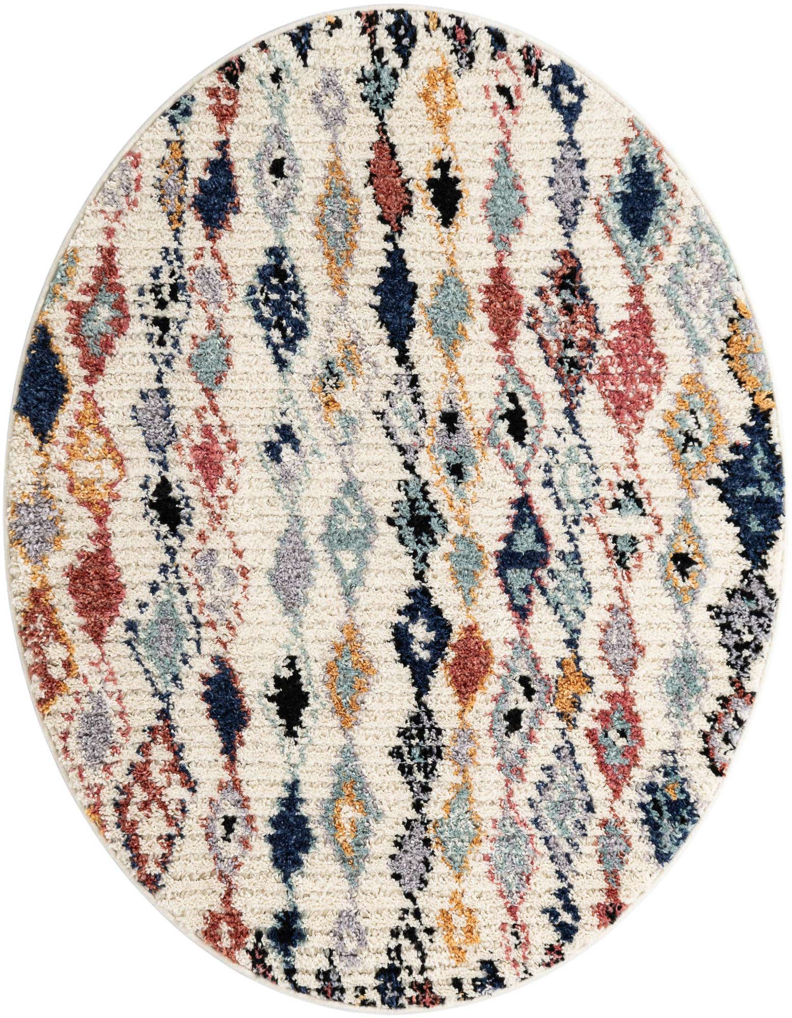 A 4' round multi-colored shag rug with a Bohemian diamond pattern in various shades of blue, red, and gold on a cream background.