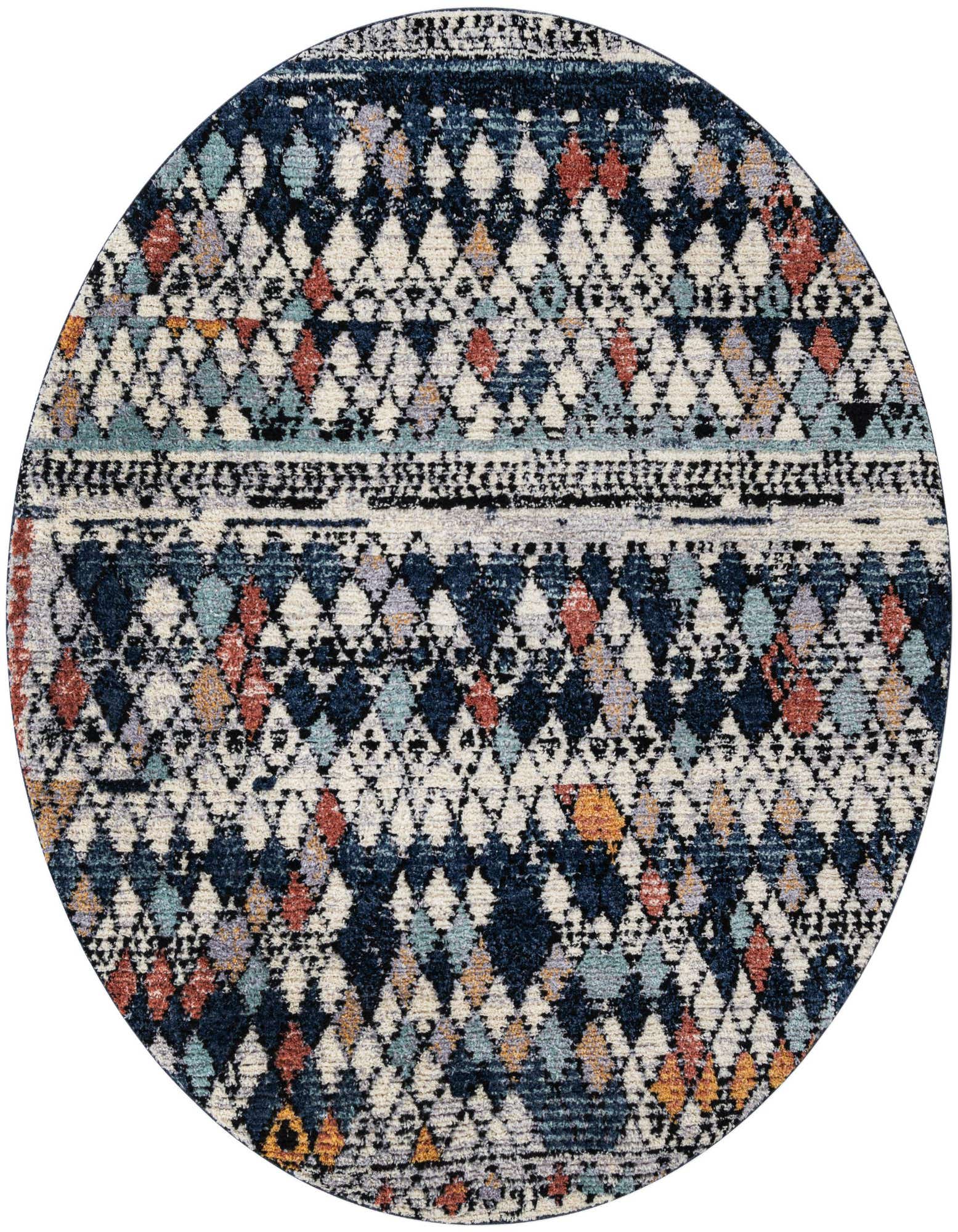 A round, multi-colored shag rug with a Southwestern, Bohemian, and Tribal pattern featuring diamond and trellis designs in shades of blue, cream, orange, and light blue.