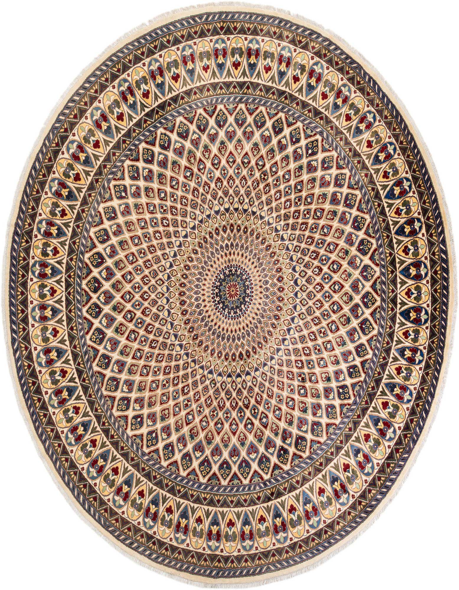 A round, multi-colored Nain rug with an intricate medallion pattern, featuring shades of red, blue, and gold on a cream background.