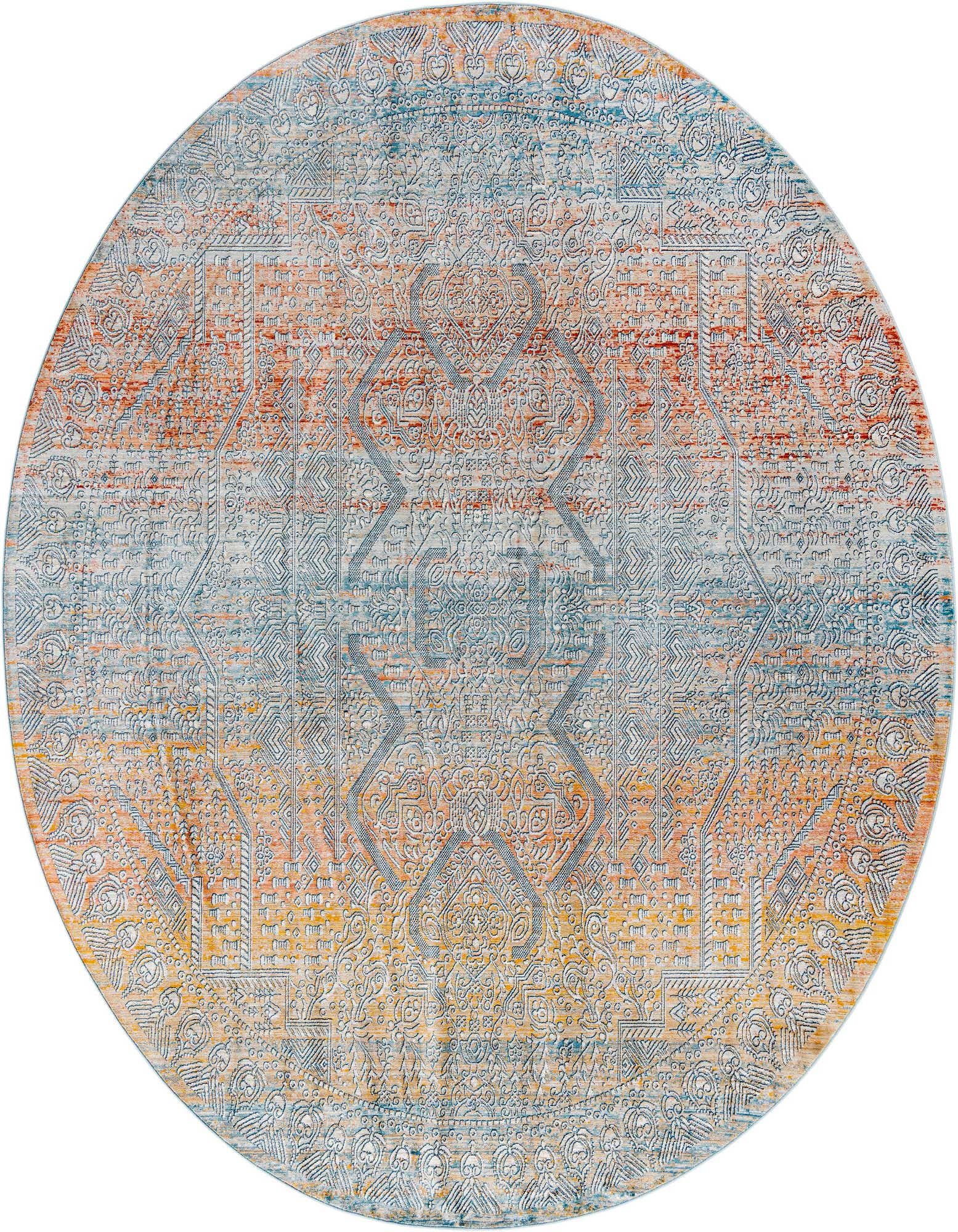 A large 10' 2 round multi-colored rug with a distressed traditional medallion and tribal pattern in shades of orange, blue, and yellow.