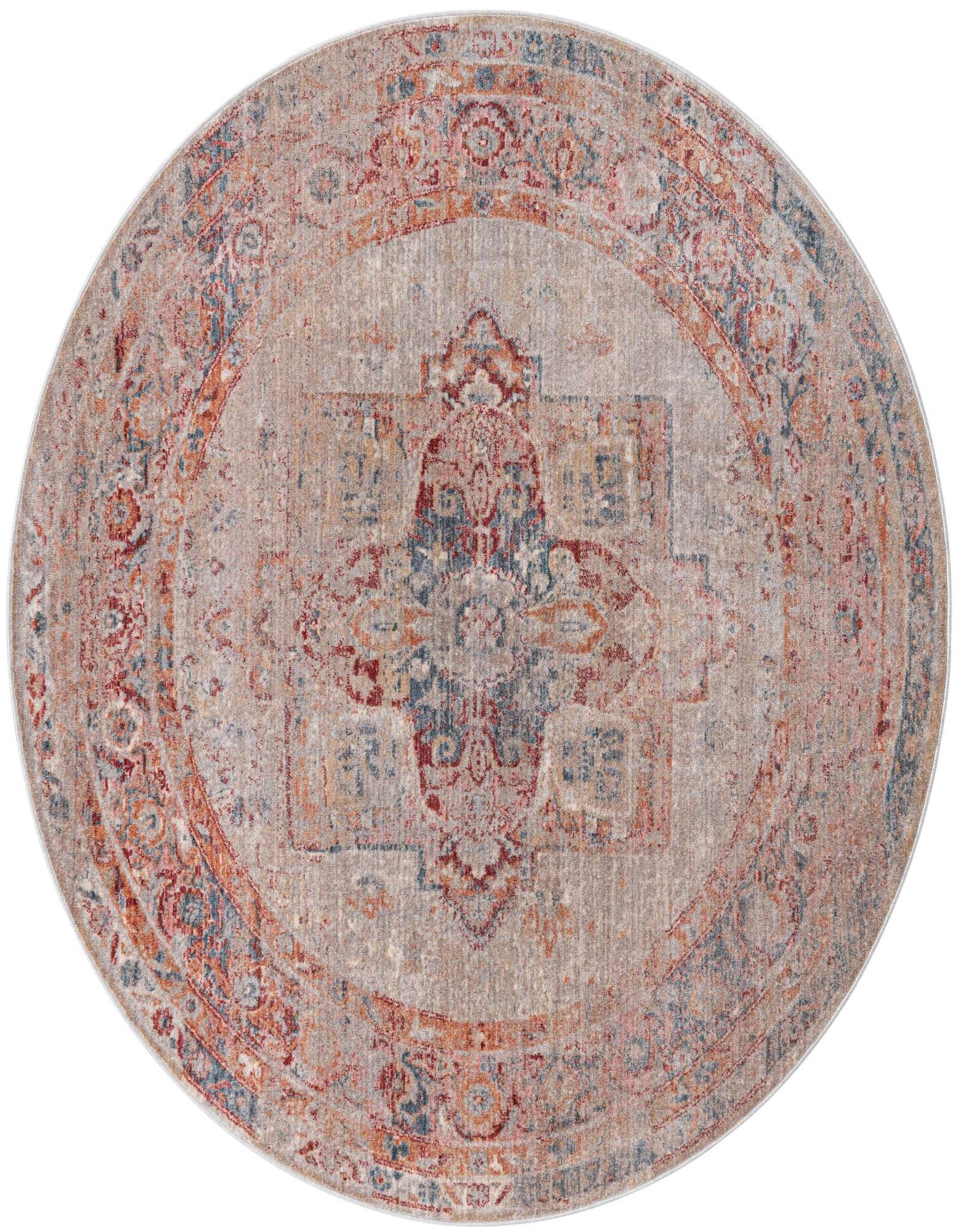 A 6' 0 x 6' 0 round multi-colored rug with a traditional medallion pattern in distressed reds, blues, and neutrals.