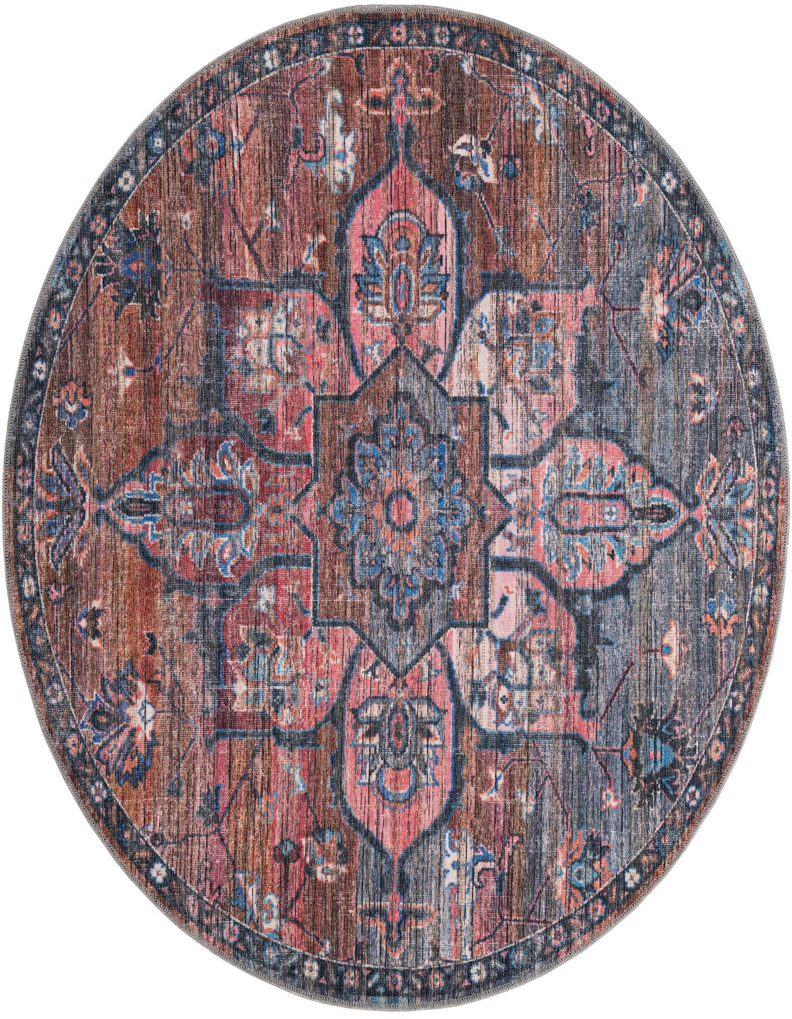 A 5' 3 round multi-colored traditional Oriental rug with a faded look, featuring intricate floral and medallion patterns in shades of blue, red, pink, and brown.