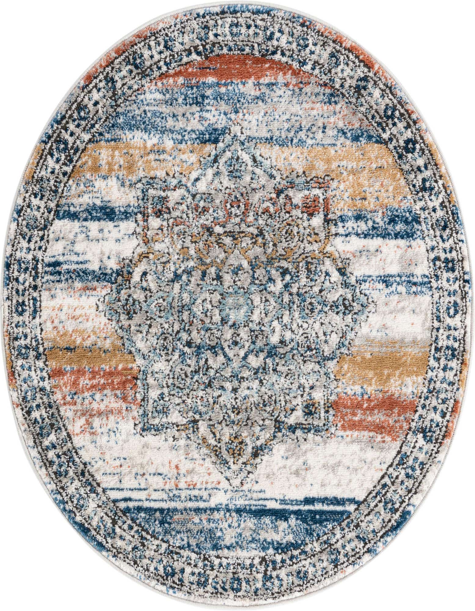 A 3' 3 x 3' 3 round multi-colored Nyla rug featuring a distressed traditional medallion pattern with blue, orange, and gold tones.