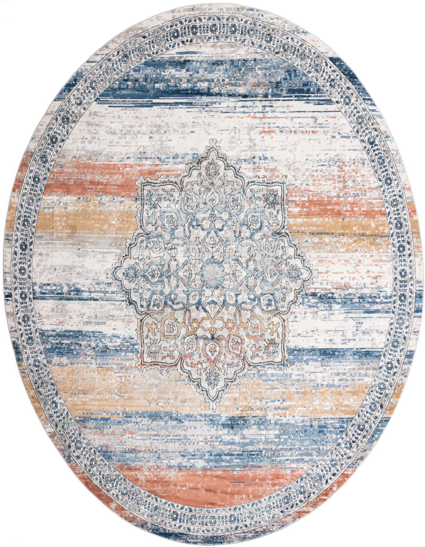 A large round multi-colored rug featuring a central medallion and distressed stripes in blue, orange, and yellow.