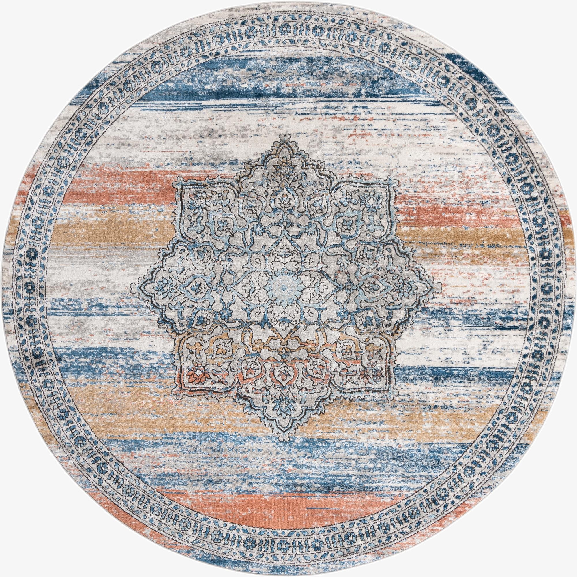 A 10-foot round Nyla rug featuring a multi-colored traditional medallion pattern with blue, orange, and beige distressed stripes.
