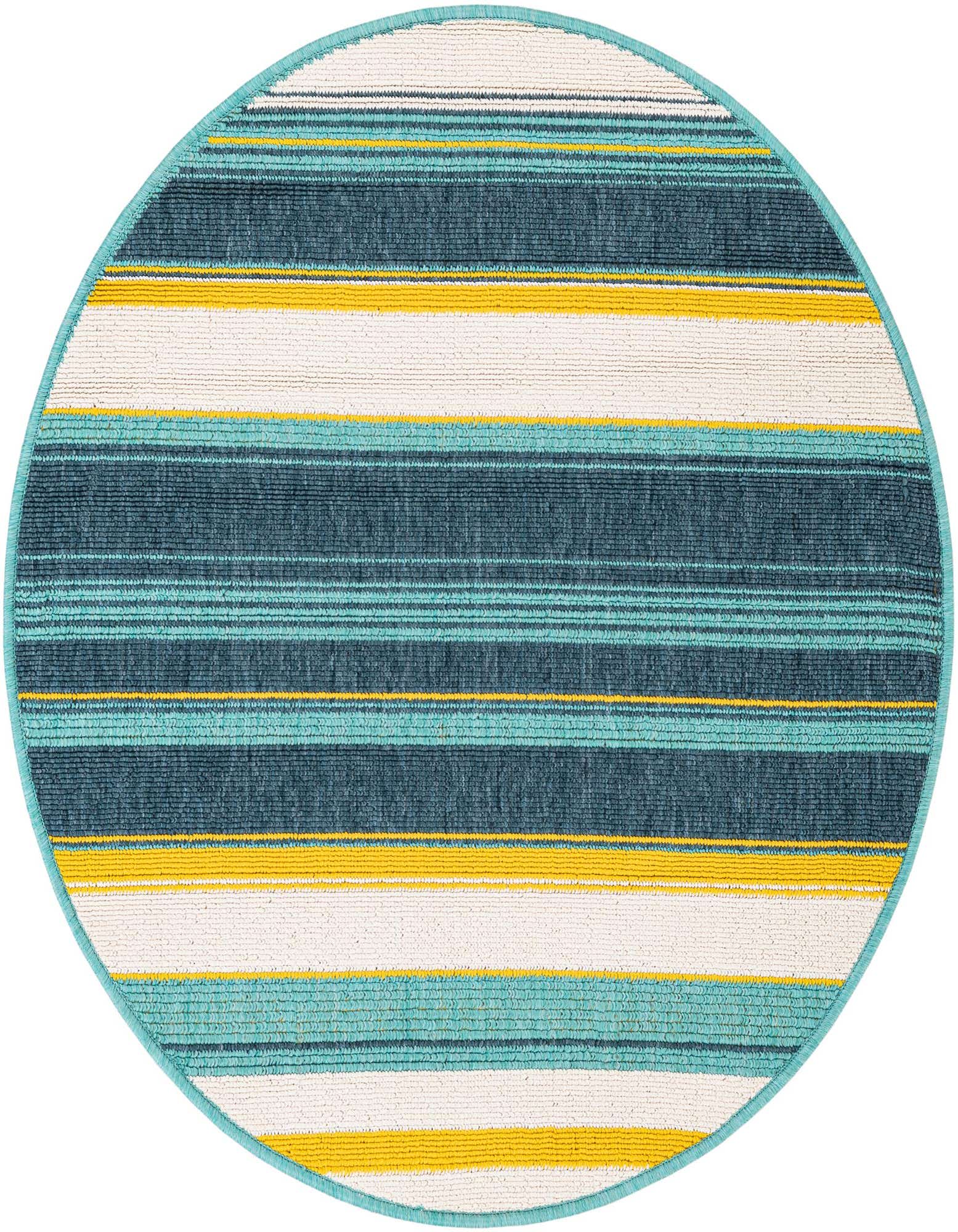 A 3' round multi-colored modern rug with horizontal stripes in teal, dark blue, yellow, and white, suitable for indoor or outdoor use.