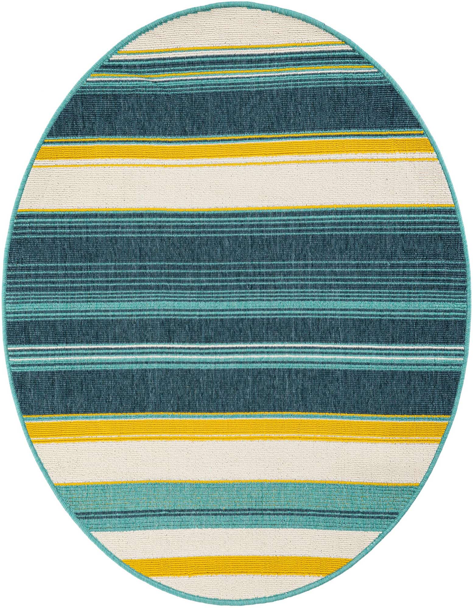 A 4' round multi-colored striped indoor/outdoor rug with teal, yellow, and cream bands, perfect for a patio.