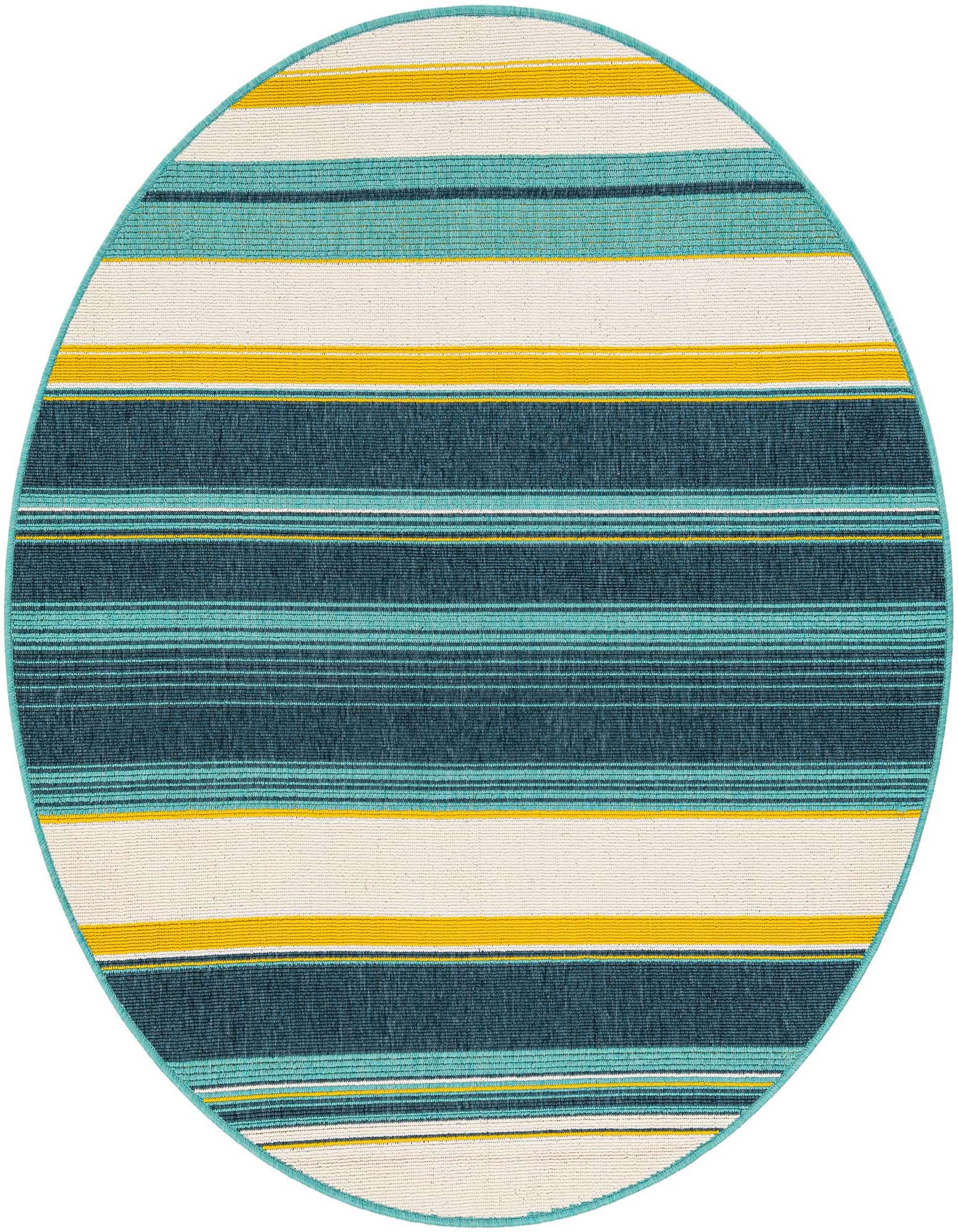 A 5' round multi-colored striped rug with teal, yellow, and off-white bands, suitable for indoor or outdoor use.