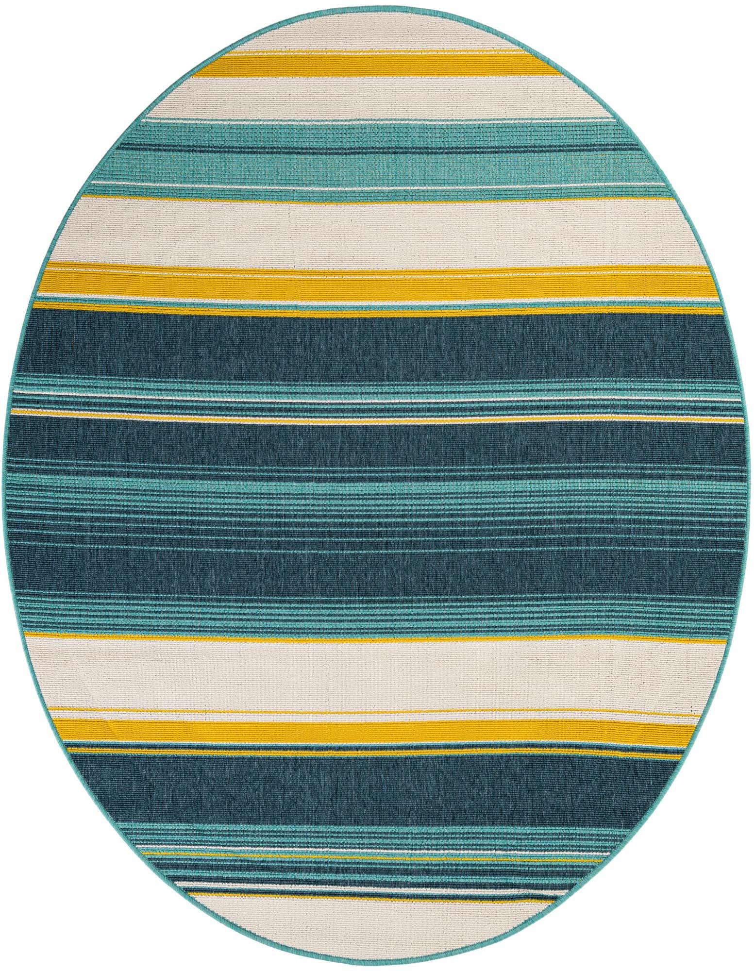 A 6' round indoor/outdoor rug with modern stripes in teal, yellow, and off-white, perfect for a patio.