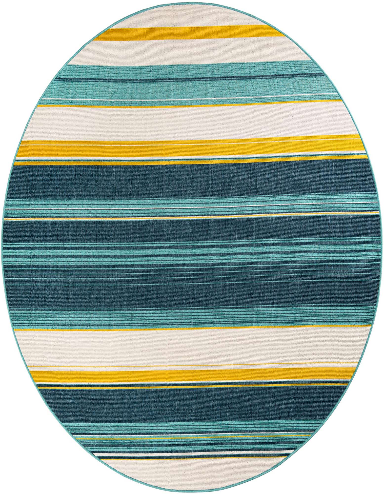 A round 7' 10" x 7' 10" indoor/outdoor rug with a modern stripe pattern in teal, navy, yellow, and cream.