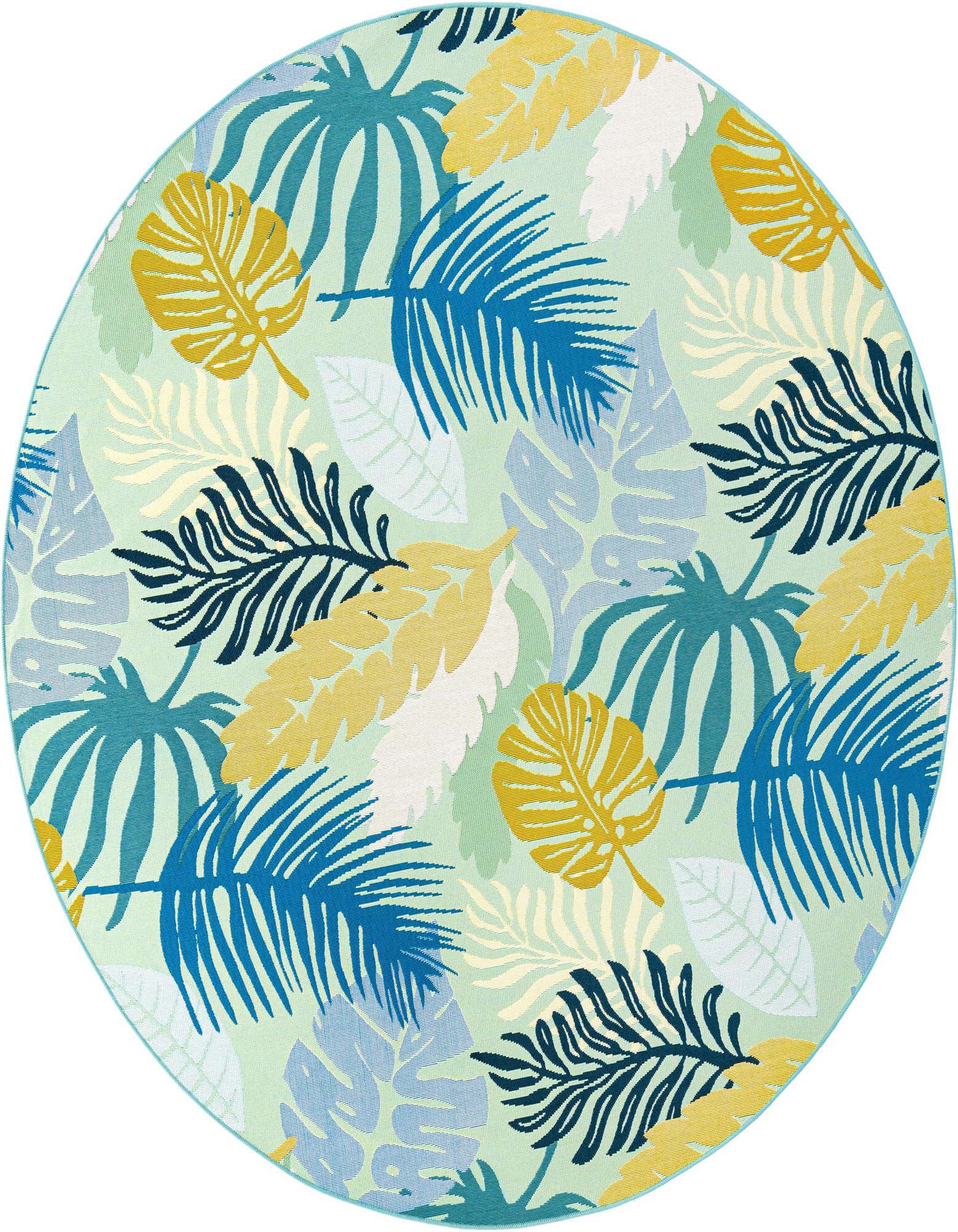A round, multi-colored indoor/outdoor rug featuring a vibrant botanical pattern with blue, yellow, and green tropical leaves.