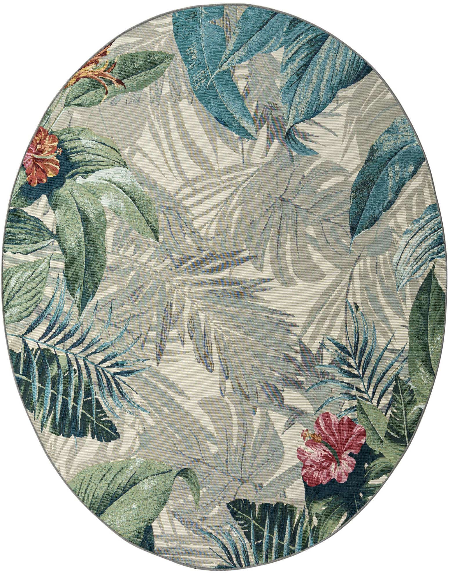 A round, multi-colored indoor/outdoor rug featuring a vibrant botanical pattern with large green and blue palm leaves and red hibiscus flowers on a light background.