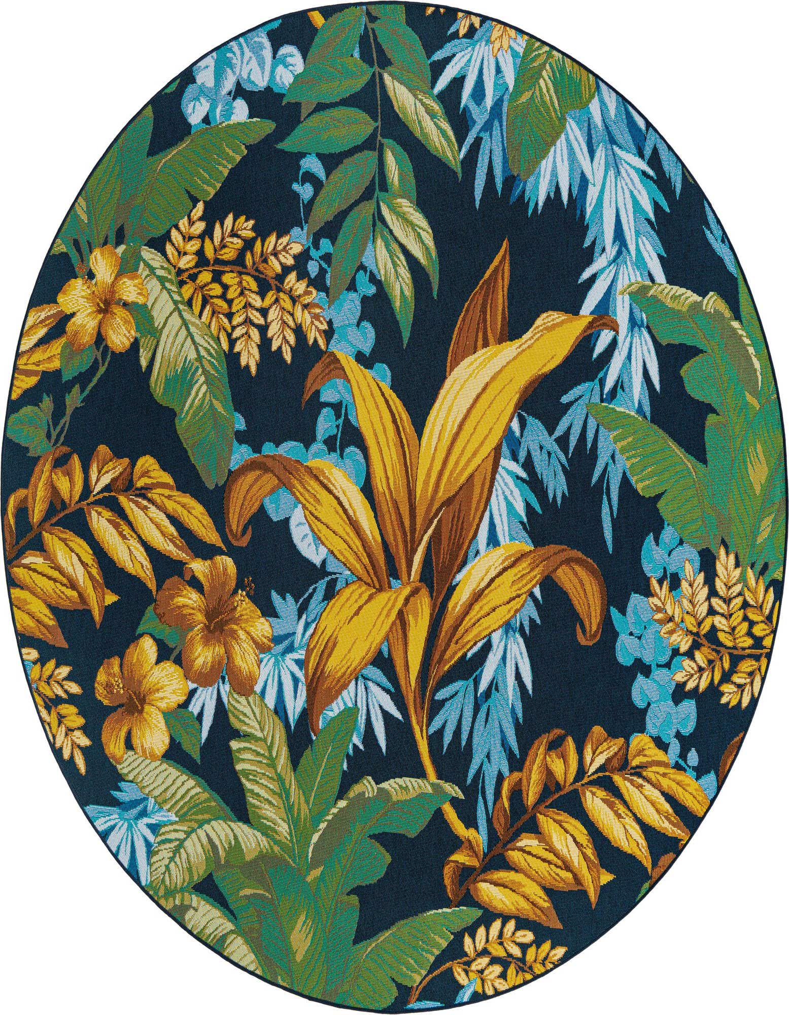A round, multi-colored tropical rug with a dark blue background and vibrant yellow, green, and light blue botanical leaf and floral patterns.