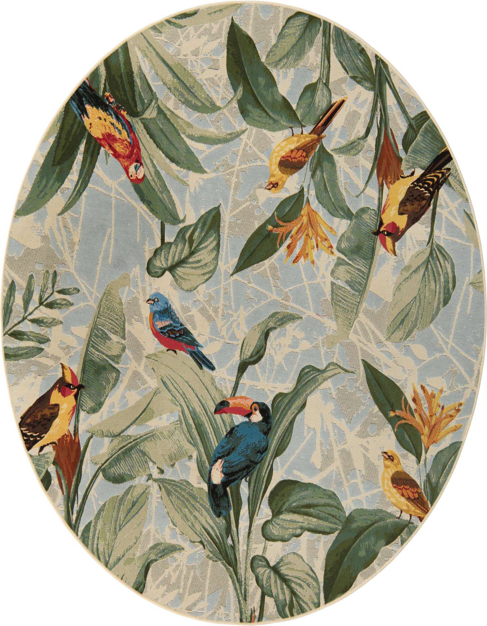 A round, multi-colored botanical rug featuring various tropical birds and large green leaves on a light blue and beige background.