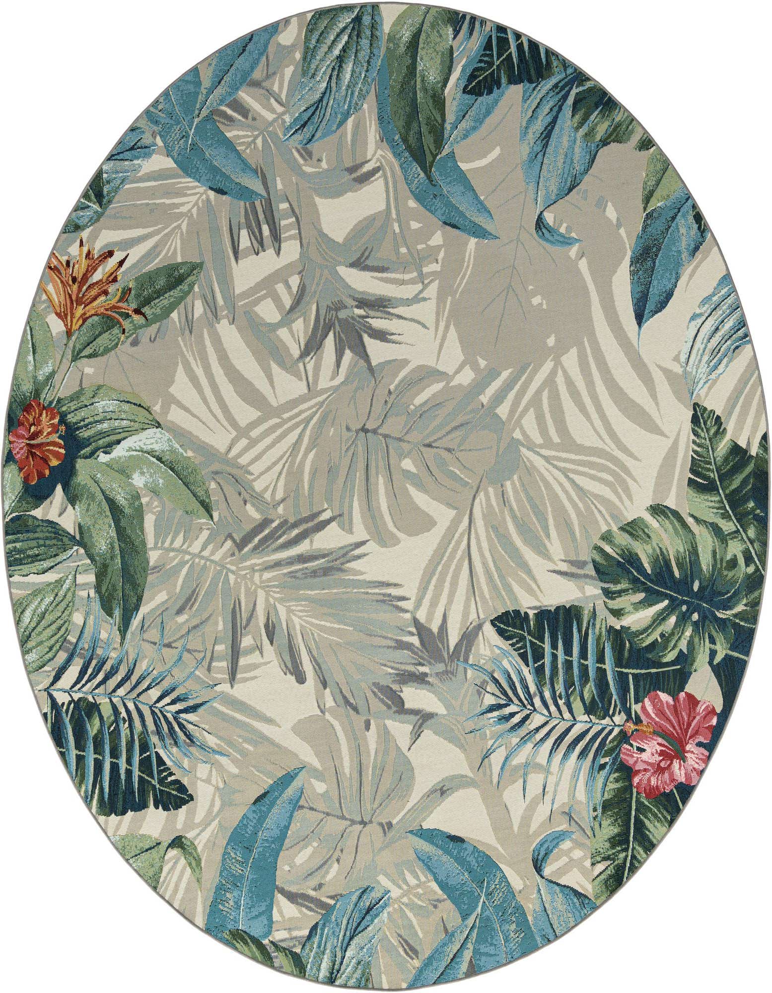 A 10-foot round multi-colored botanical rug featuring large green and blue tropical leaves with red and orange flowers on a light background, suitable for a patio.