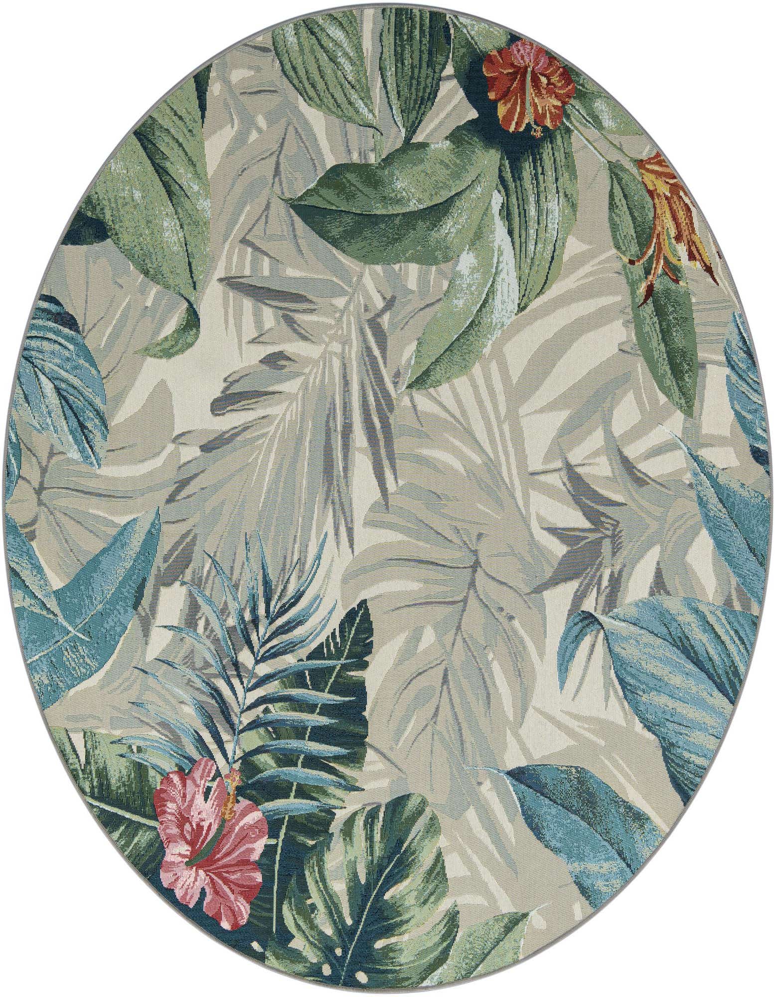 A 7' round multi-colored botanical rug with large green, blue, and grey leaves and red-orange flowers, ideal for a patio.