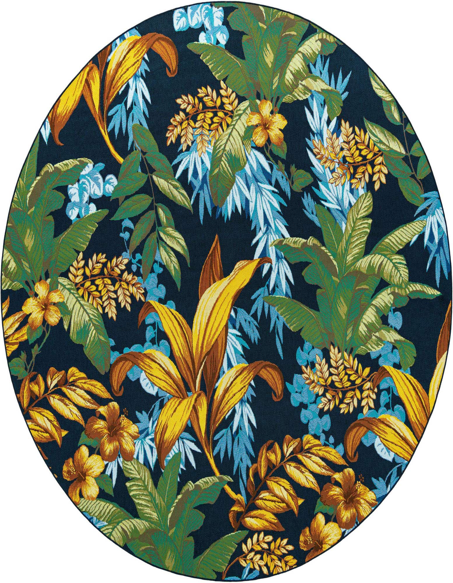 A 10' round multi-colored botanical rug with a dark background and vibrant tropical leaves and flowers in yellow, green, and blue.