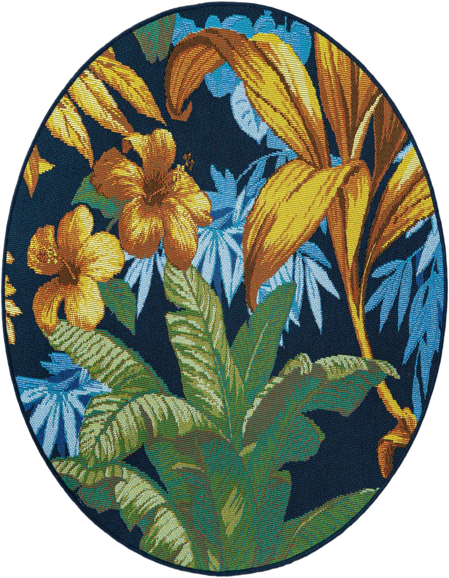 A round, multi-colored tropical rug featuring large yellow hibiscus flowers, green banana leaves, and light blue foliage on a dark blue background.