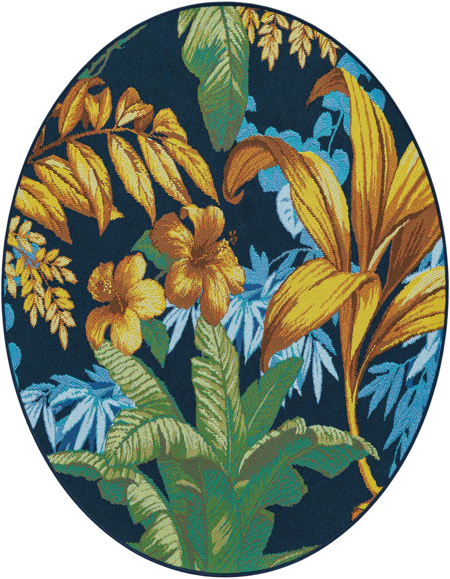A round, multi-colored tropical rug featuring large yellow and green leaves with orange hibiscus flowers on a dark blue background.