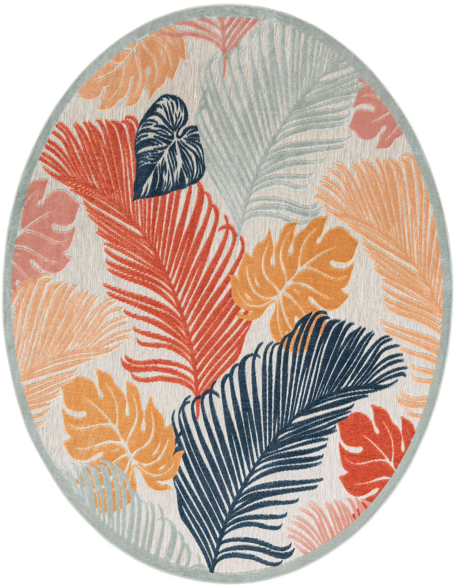A round, multi-colored indoor/outdoor rug featuring large tropical leaves in shades of orange, blue, and light green on a light background.