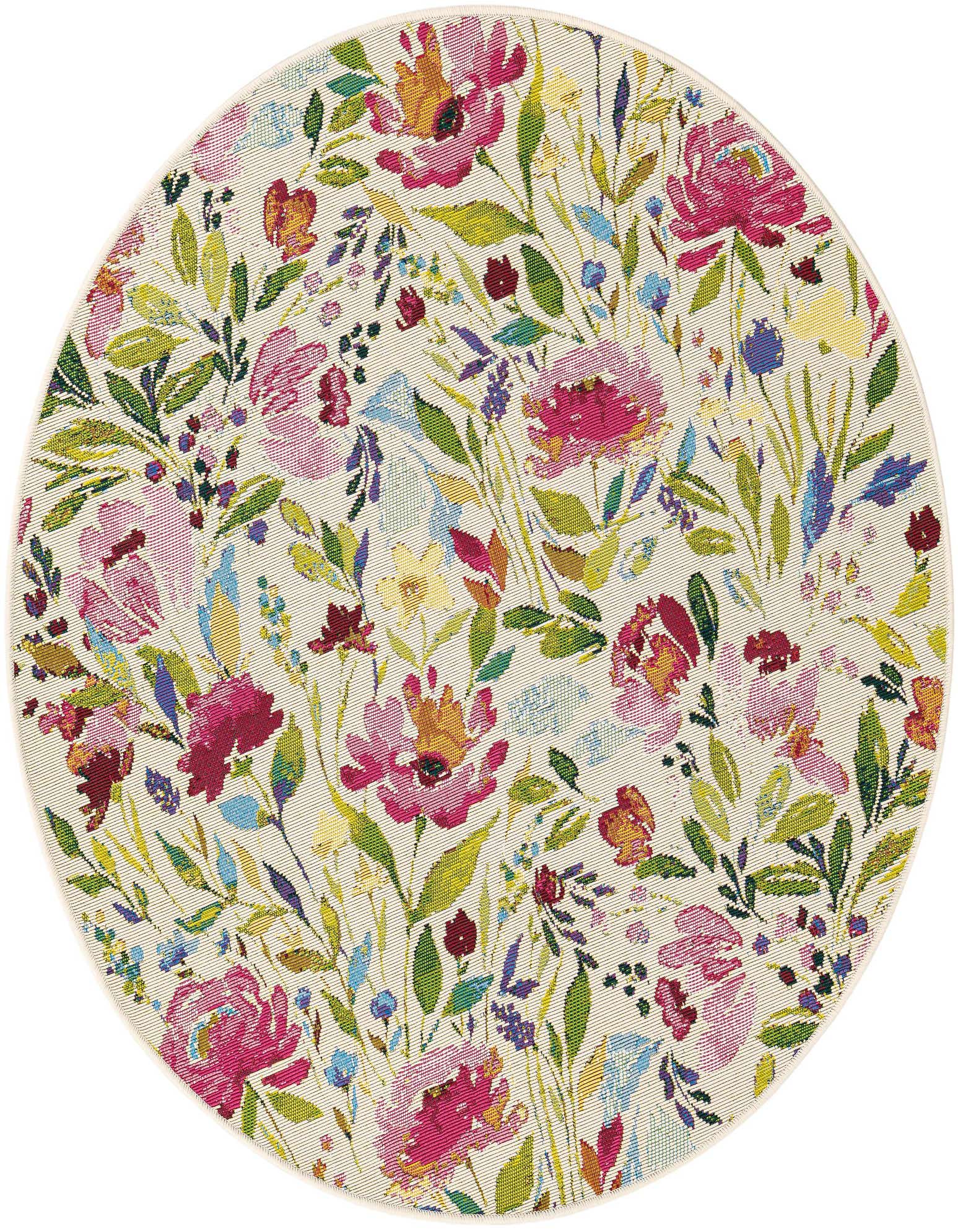 A 4' round multi-colored botanical rug with vibrant pink, yellow, and blue flowers and green leaves on a light background.