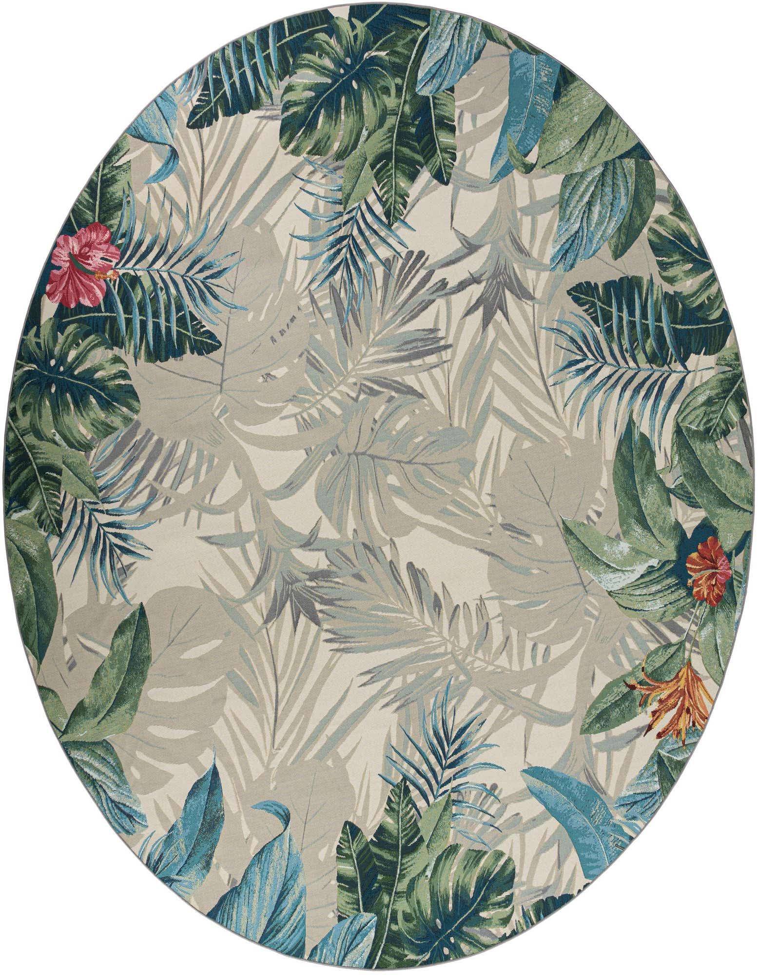 A 12-foot round indoor/outdoor rug with a vibrant multi-colored botanical pattern featuring large green, blue, and grey leaves, and hints of red and orange flowers on a light background.