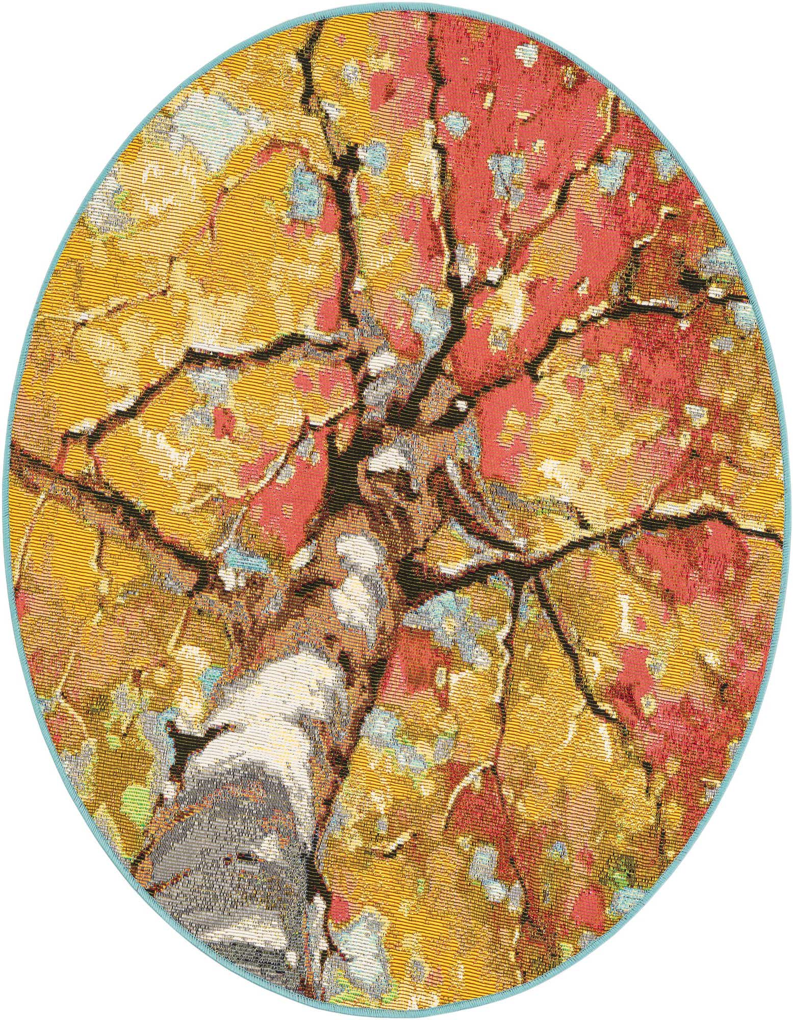 A round, multi-colored rug featuring a modern floral design of a tree with yellow and red autumn leaves, suitable for a patio.