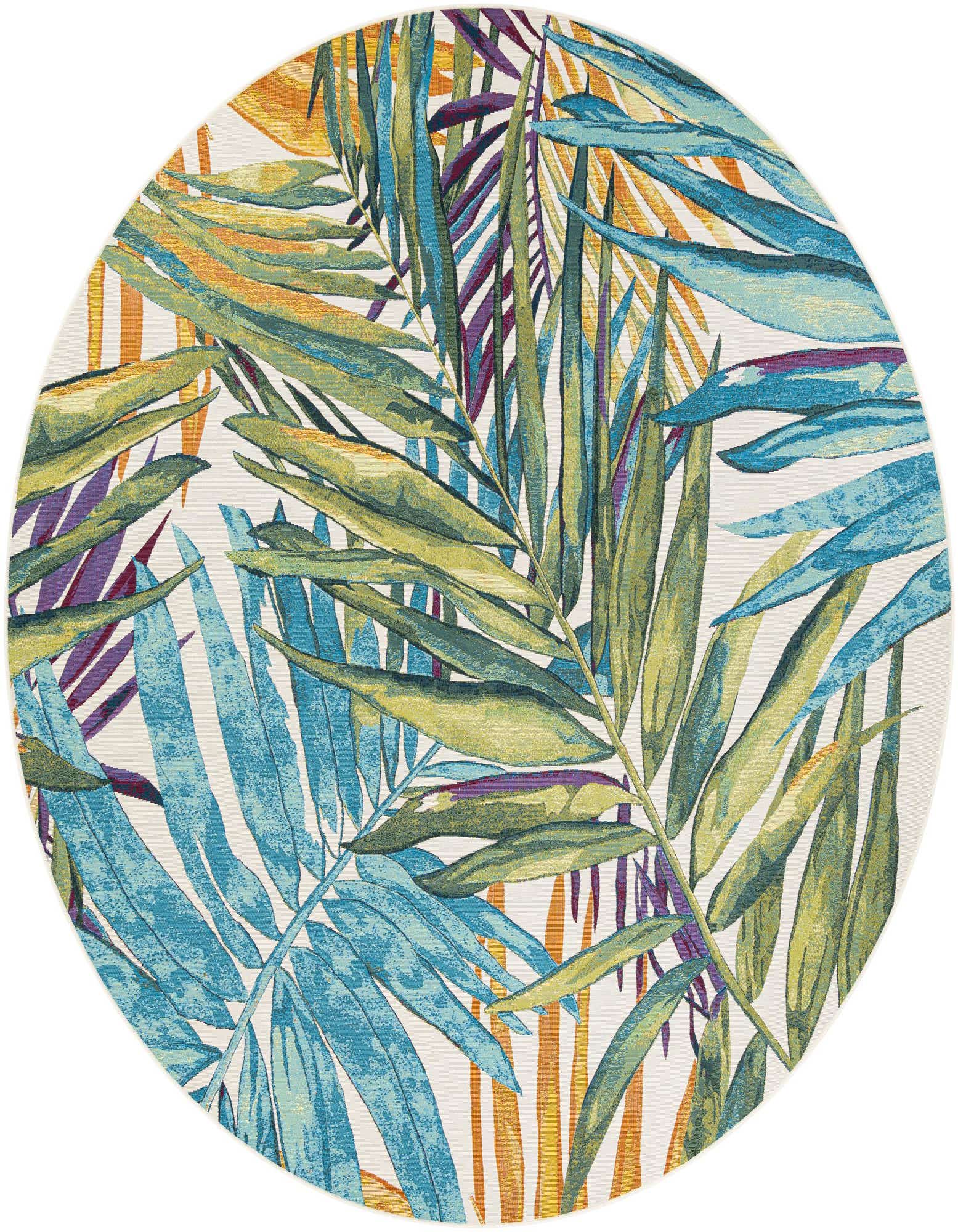 A round, multi-colored rug with a vibrant modern botanical pattern featuring large green, blue, and purple palm leaves on a light background, suitable for indoor or outdoor use.