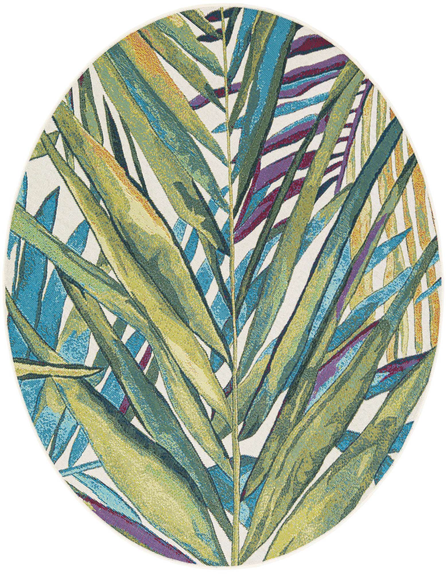 A round, multi-colored rug featuring a vibrant green and blue tropical leaf pattern, ideal for indoor or outdoor spaces.
