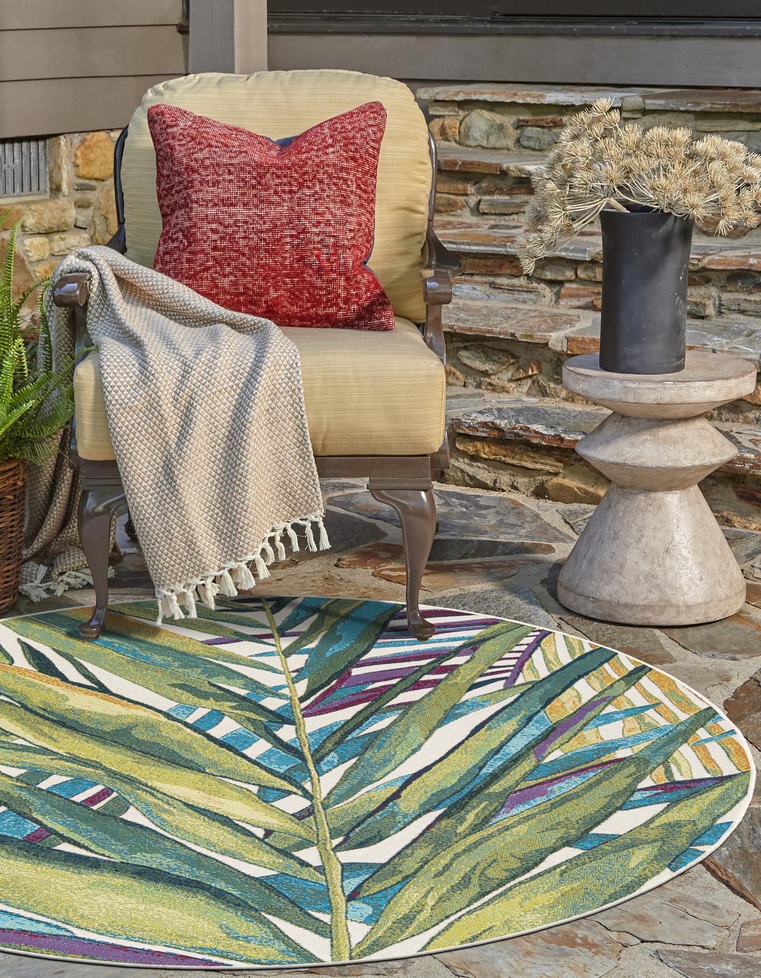 Multicolor 10' x 10' Botanical Indoor / Outdoor Round Rug | Rugs.com