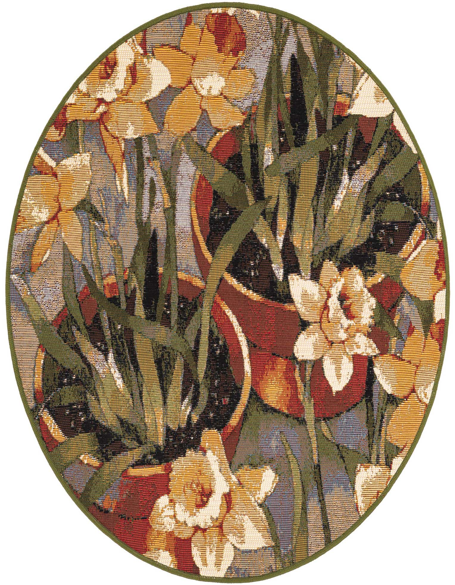 A round, multi-colored rug featuring a modern botanical pattern of potted daffodils with yellow and cream blooms and green leaves.