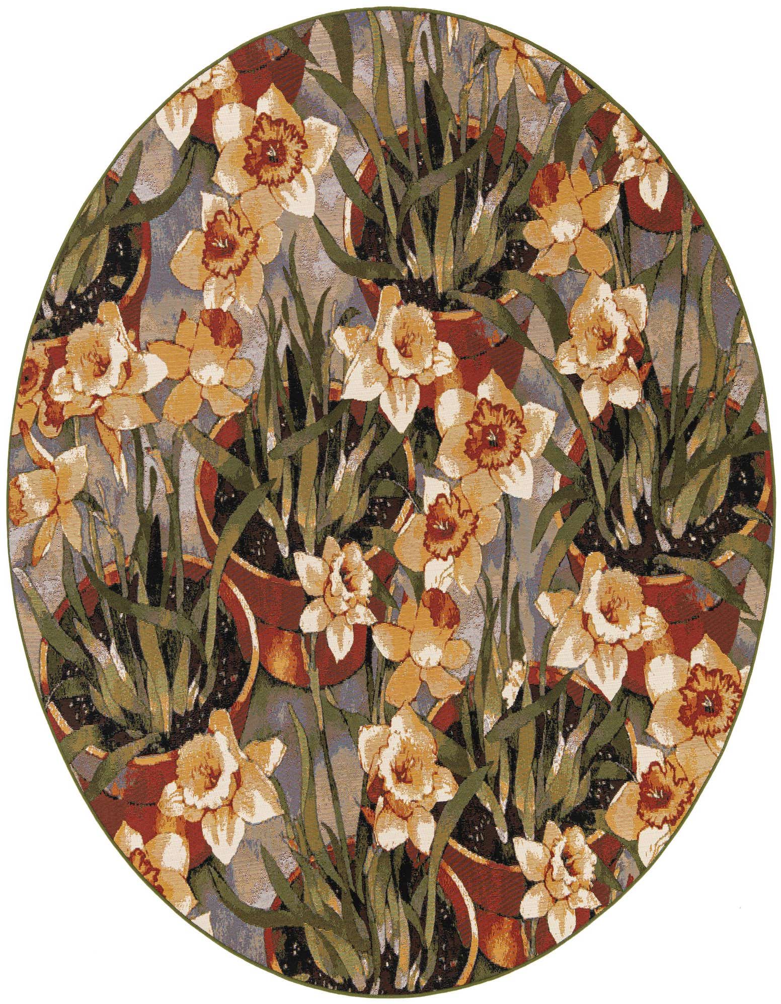 A round, multi-colored rug featuring a modern floral pattern of potted daffodils with green leaves and yellow-orange blooms.