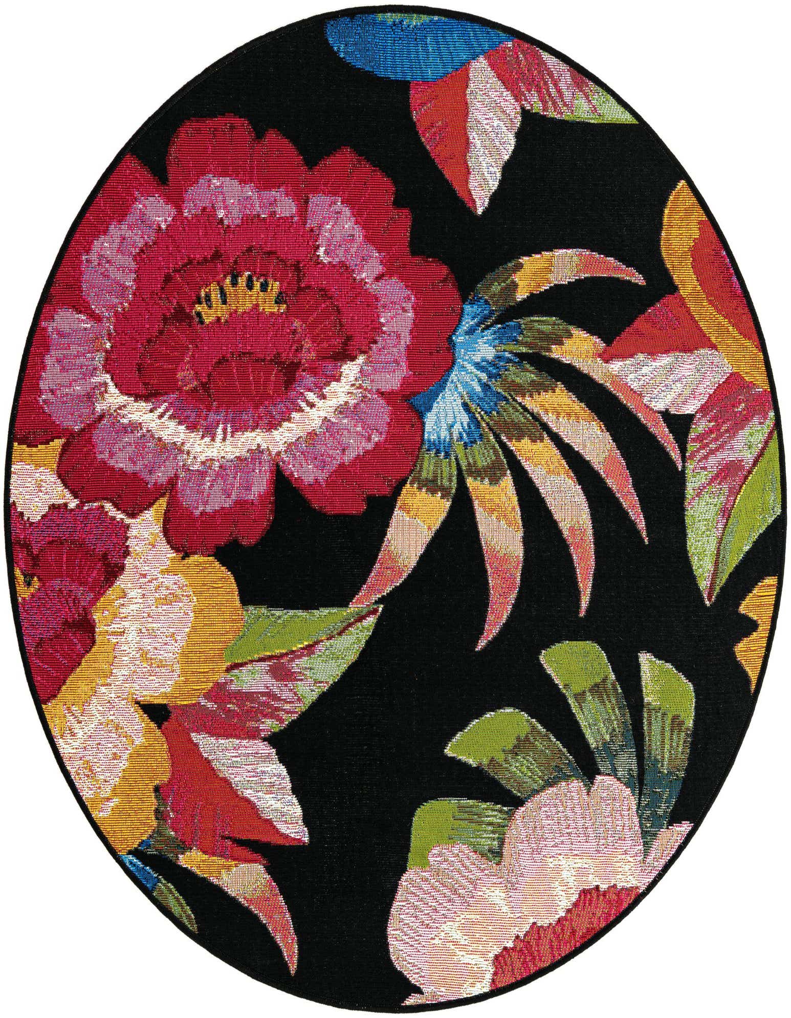 A 4' round multi-colored floral rug with large red, pink, yellow, and green flowers on a black background, suitable for indoor or outdoor use.
