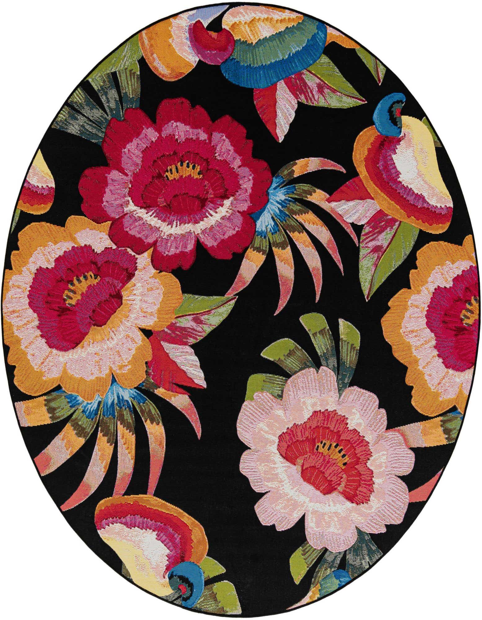 A vibrant 7' 10 round indoor/outdoor rug with large, colorful floral patterns in red, pink, orange, and blue on a black background.