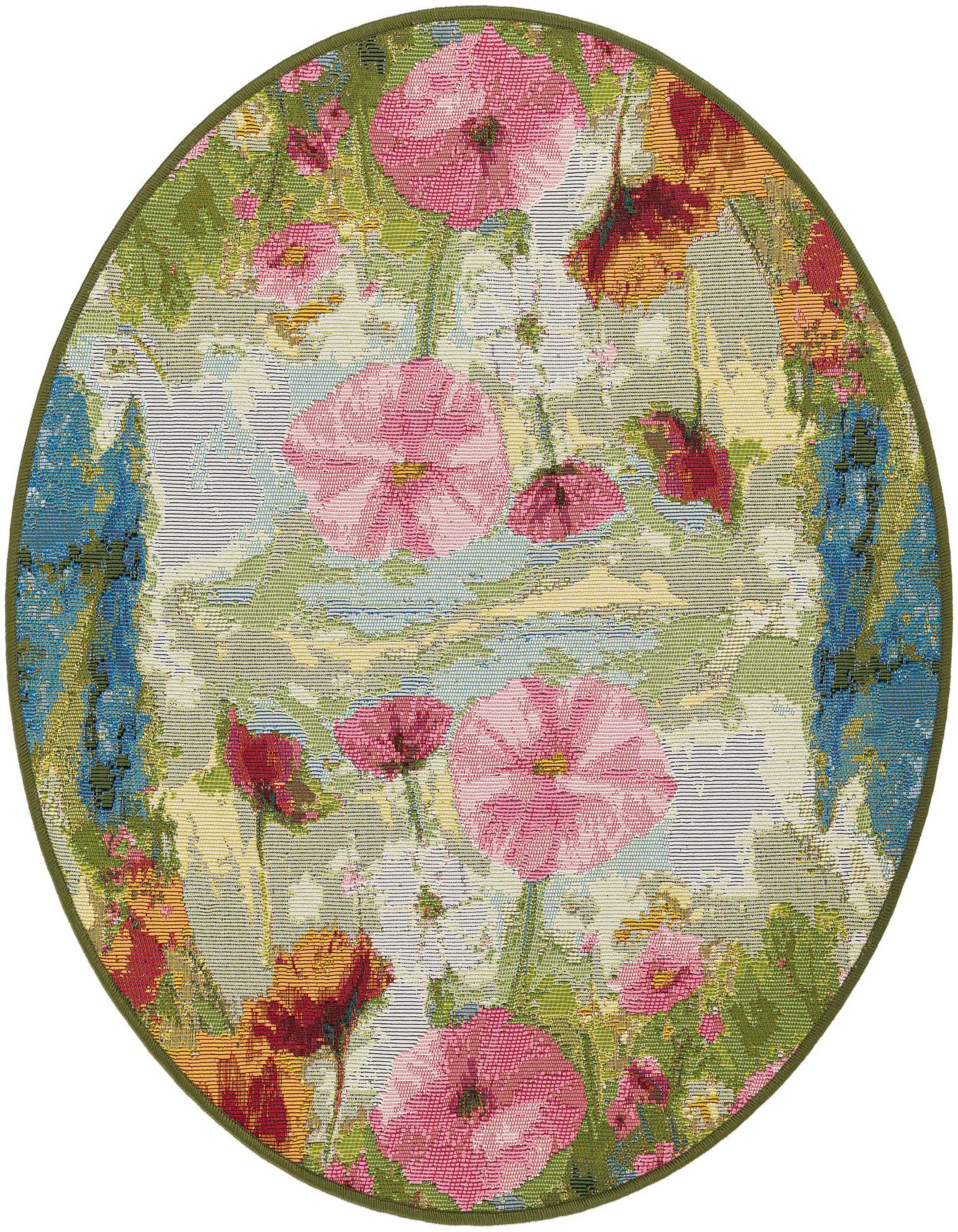 A 3' round multi-colored floral rug with large pink and red flowers, green leaves, and blue accents, suitable for a patio.