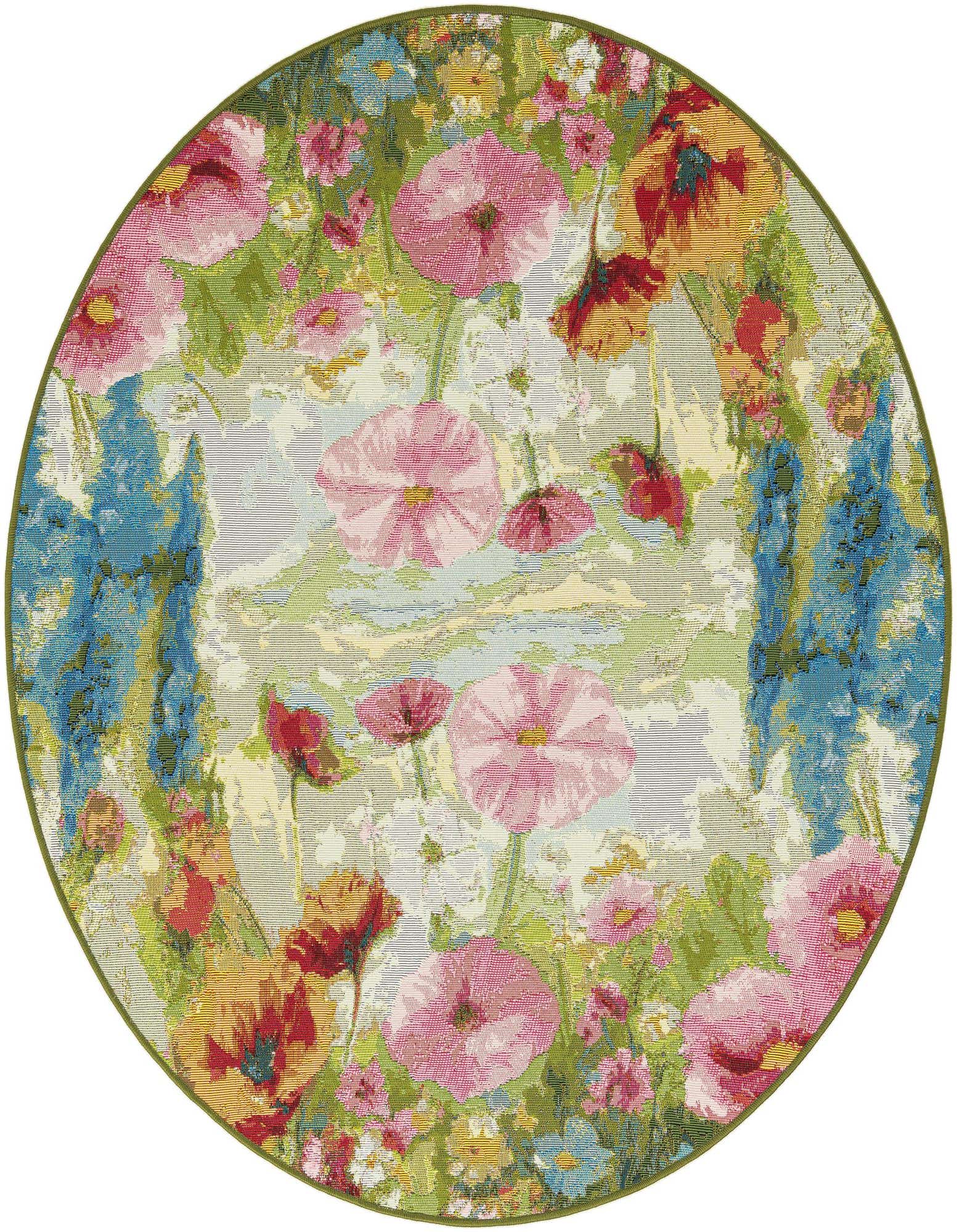 A vibrant 5' round indoor/outdoor rug with a modern floral pattern featuring pink, red, and blue blossoms on a light green background.