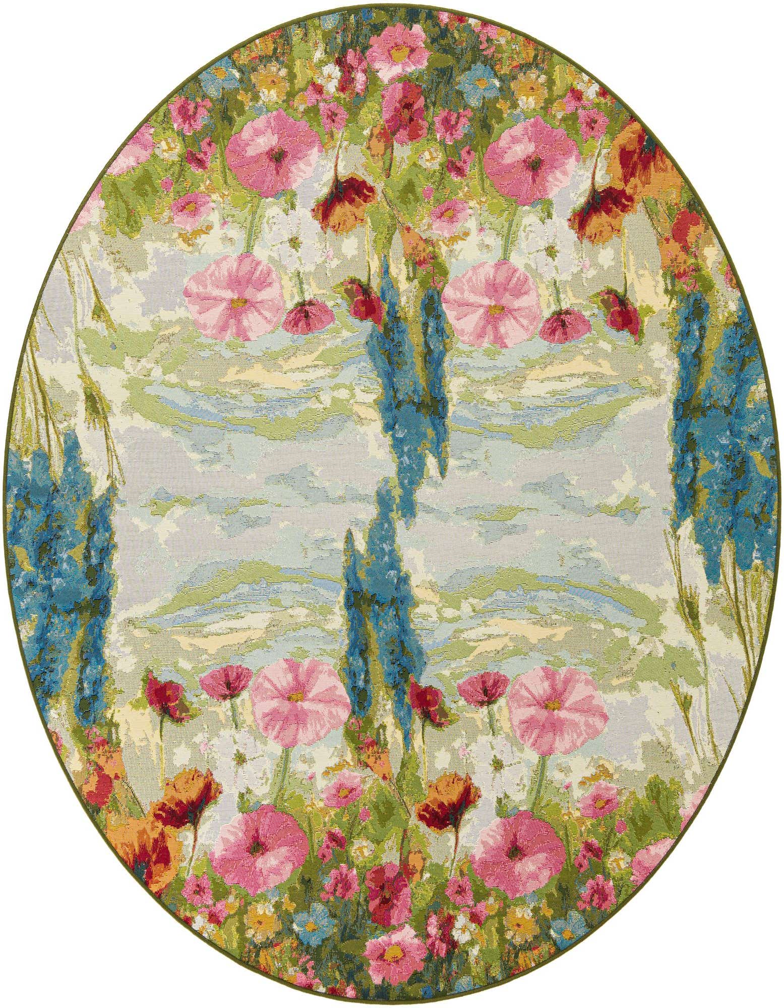 A round, multi-colored outdoor rug with a vibrant modern floral pattern featuring pink, red, and blue flowers.