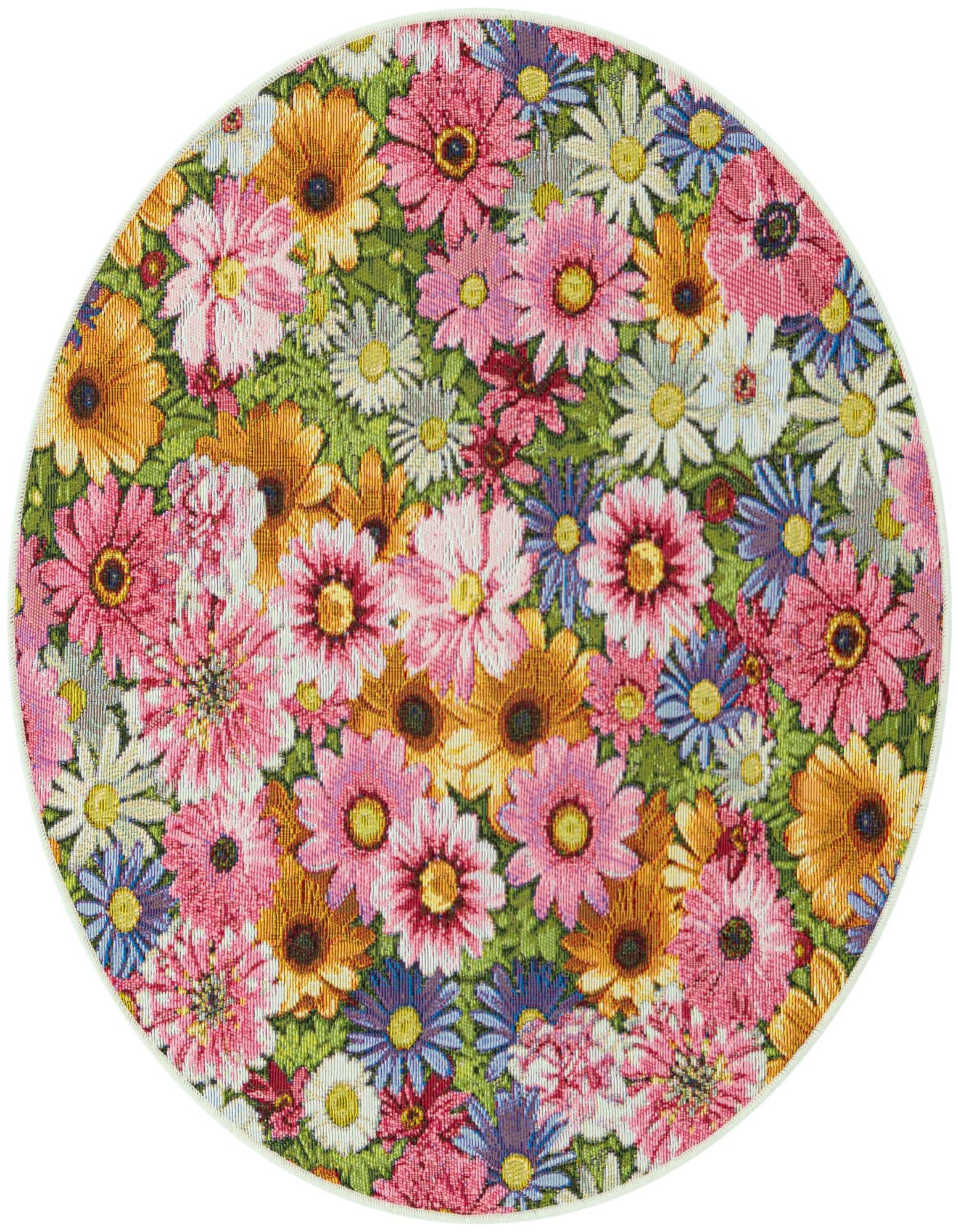 A vibrant round rug featuring a dense, multi-colored floral pattern with pink, orange, blue, and white blossoms, suitable for a patio.